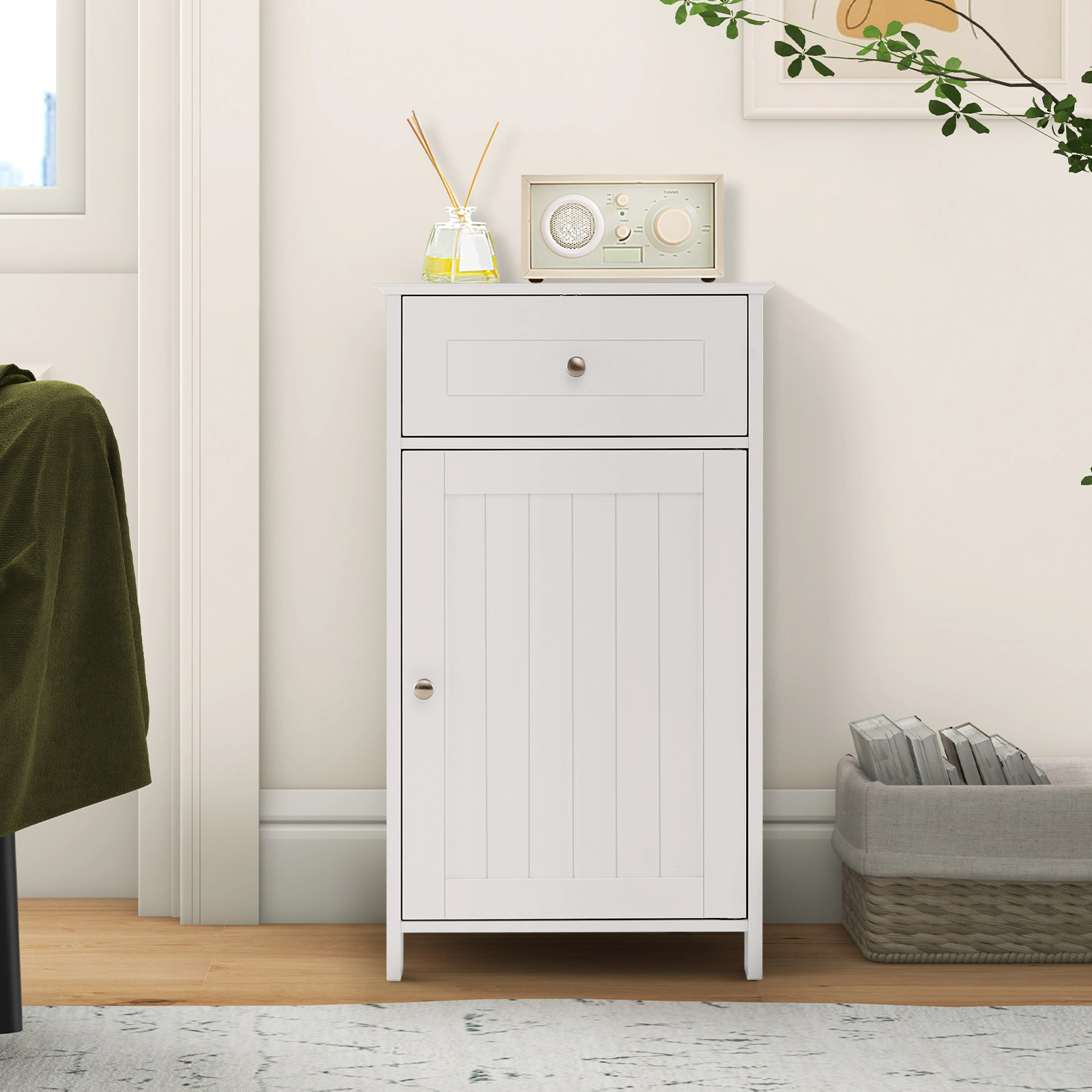 Glintex Freestanding Bathroom Cabinet with Single Door Adjustable Shelf and Drawer, White