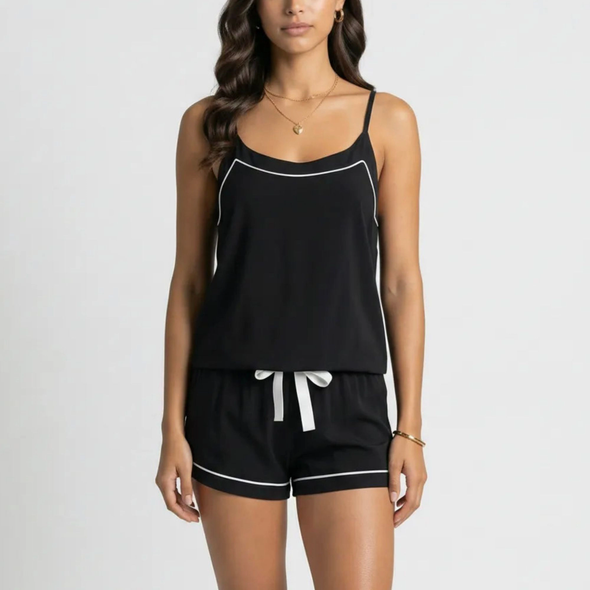 Anna-Kaci Women's Cami and Shorts Pajama Set with Contrast Trim Adjustable Waist Tie