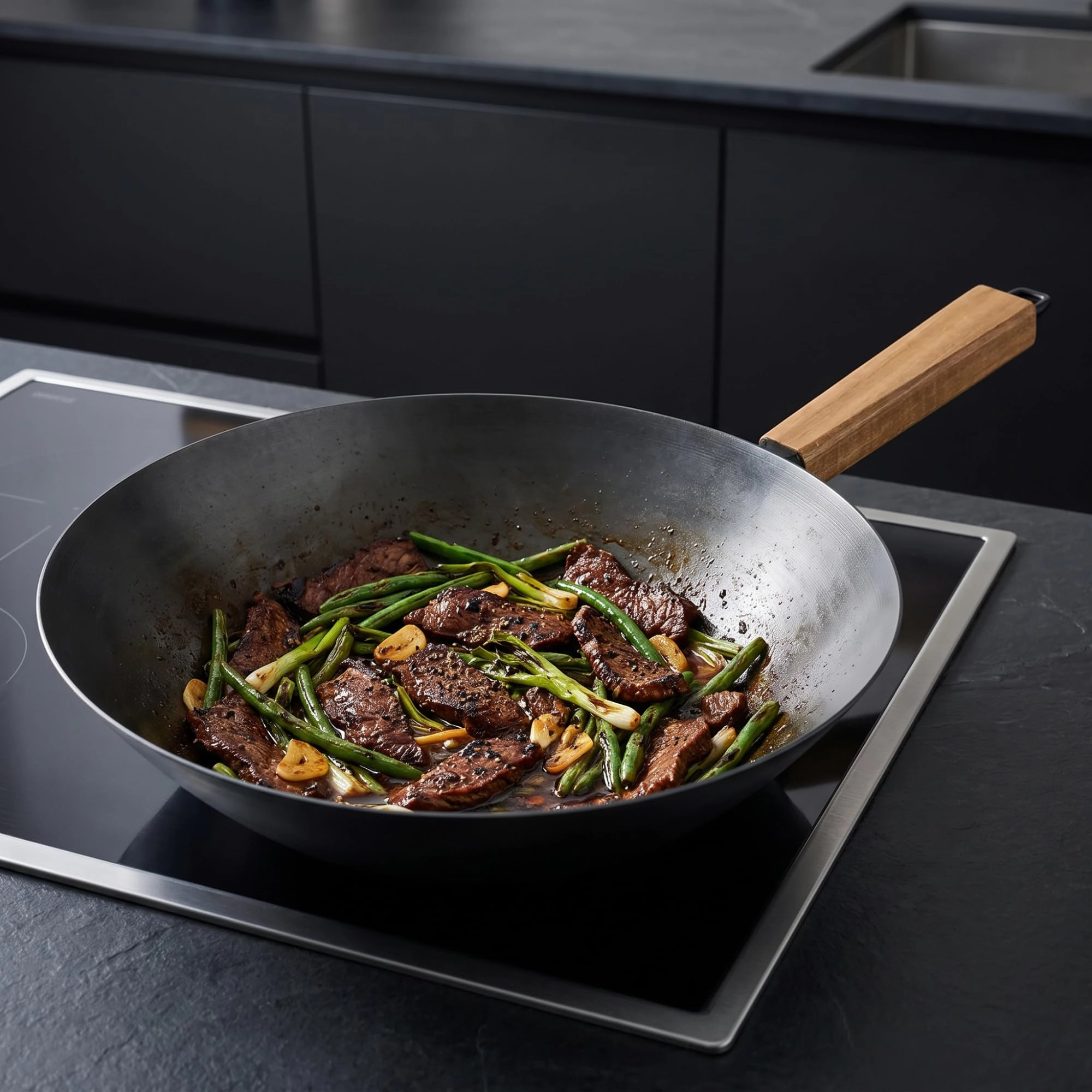 Alva Forest 12" Carbon Steel Wok Pan, Naturally Nonstick Pre-Seasoned with Acacia Wood Handle