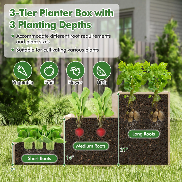 Hivvago 3-Tier Raised Garden Bed with Lattice Trellis and Open-Ended Base-Natural