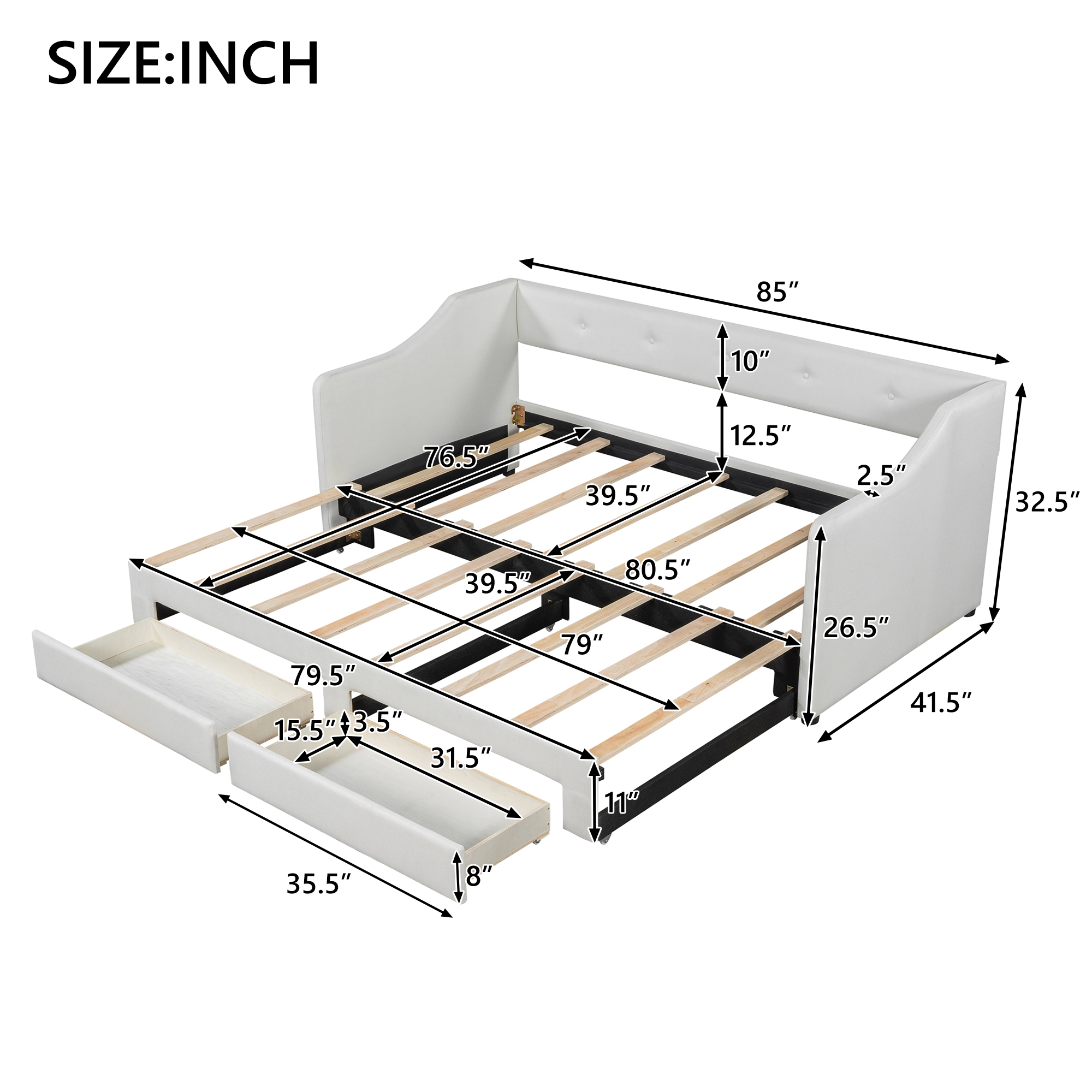 Flynama Twin XL–King Upholstered Daybed with Two Drawers, Beige