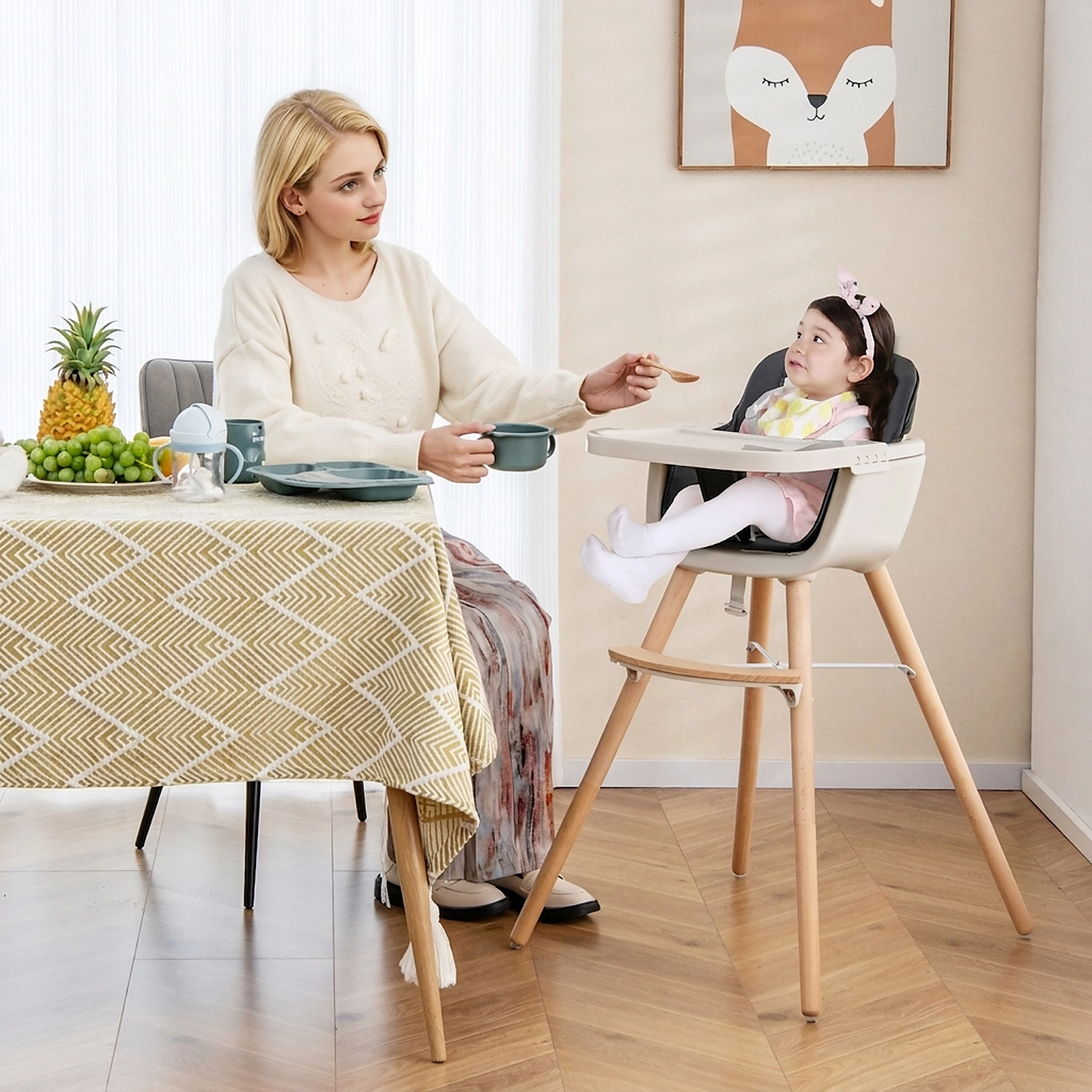 3-in-1 Convertible High Chair for Babies and Toddlers with Food-Grade PP Tray Dual Safety Baffle and Beech Wood Legs