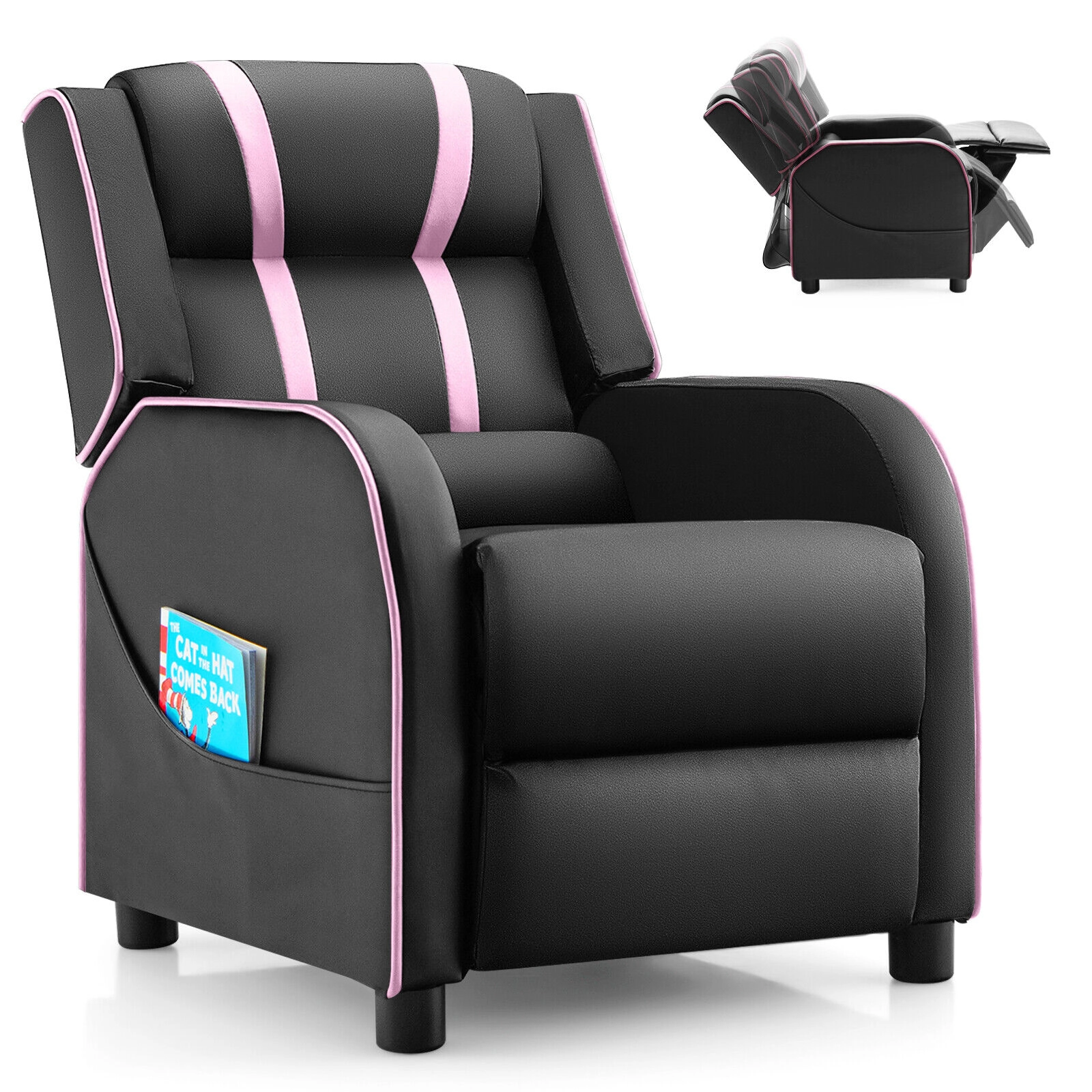 SUGIFT High-Density Sponge Kids Recliner Chair with Side Pockets and Footrest 110-lb Capacity Ages 3-12 Pink