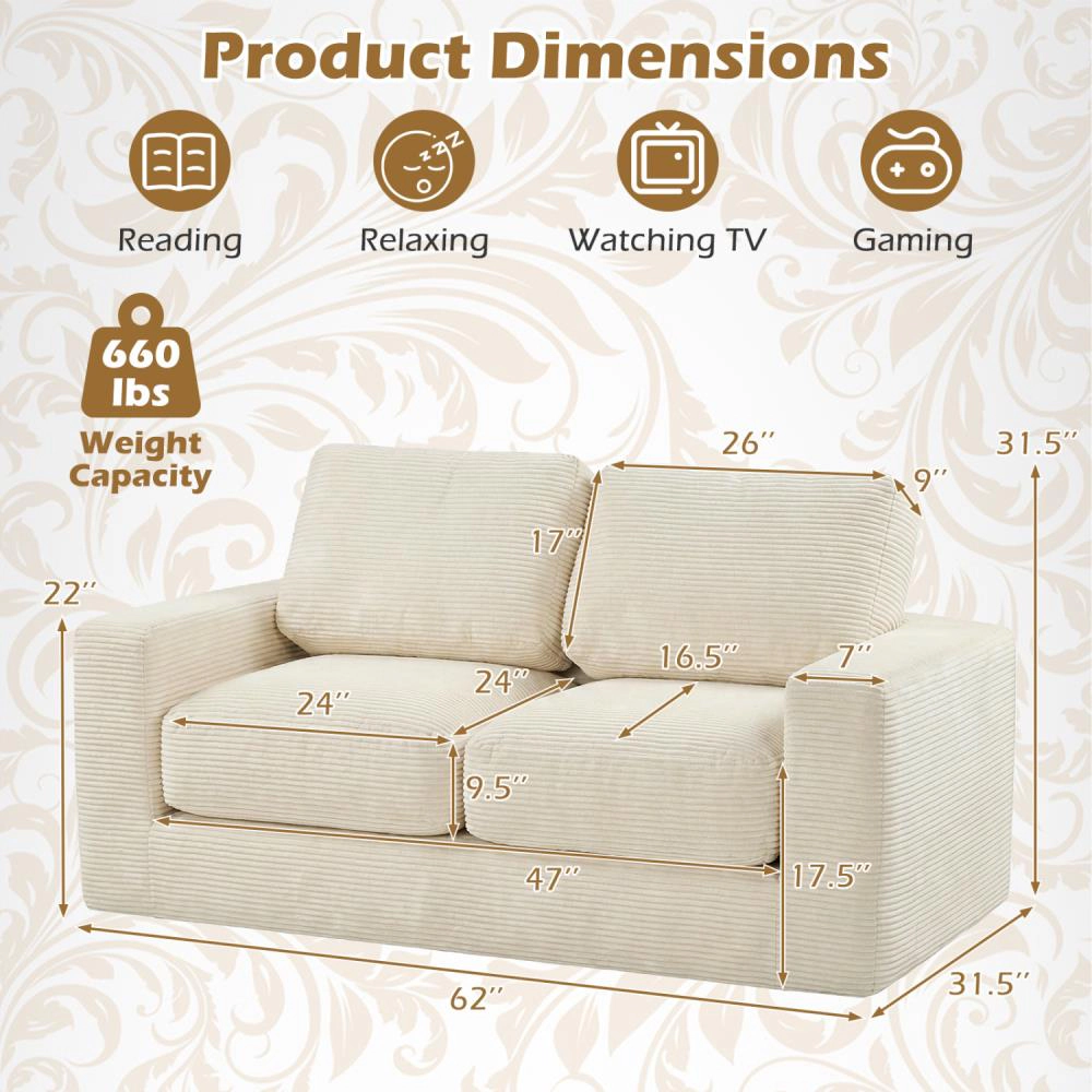 Hivvago 2-Seater Floor Couch Loveseat Foam Sofa With Removable Corduroy Cover