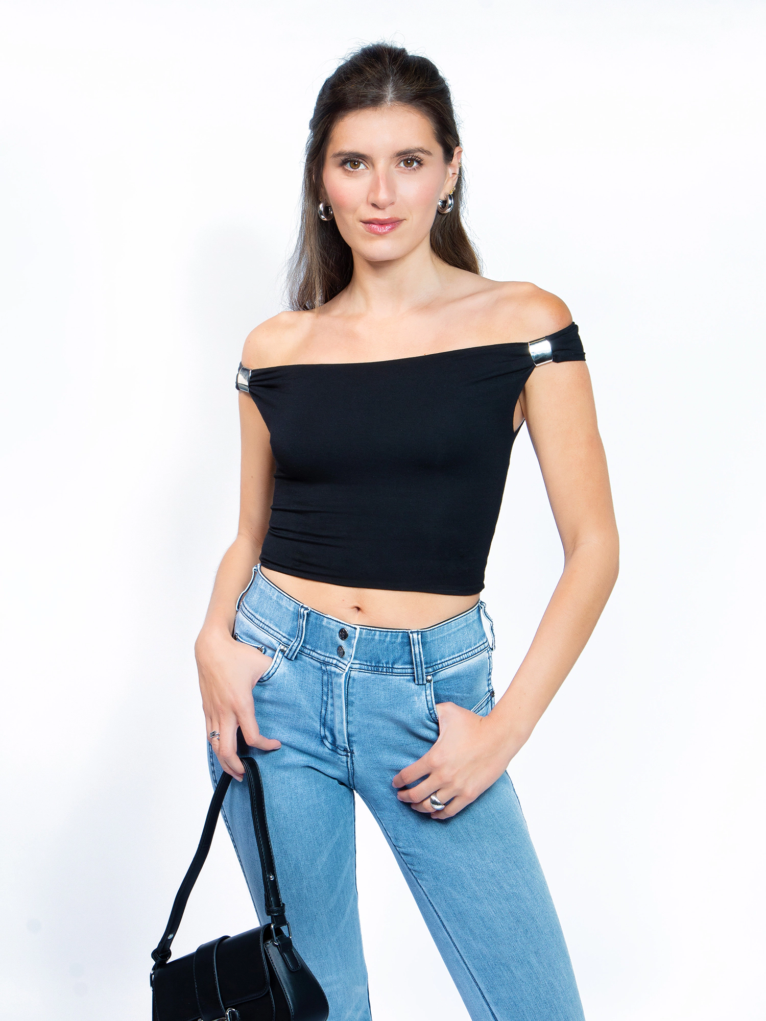 JESS by Meiko Women's Off-Shoulder Metal Decor Stretchy Top