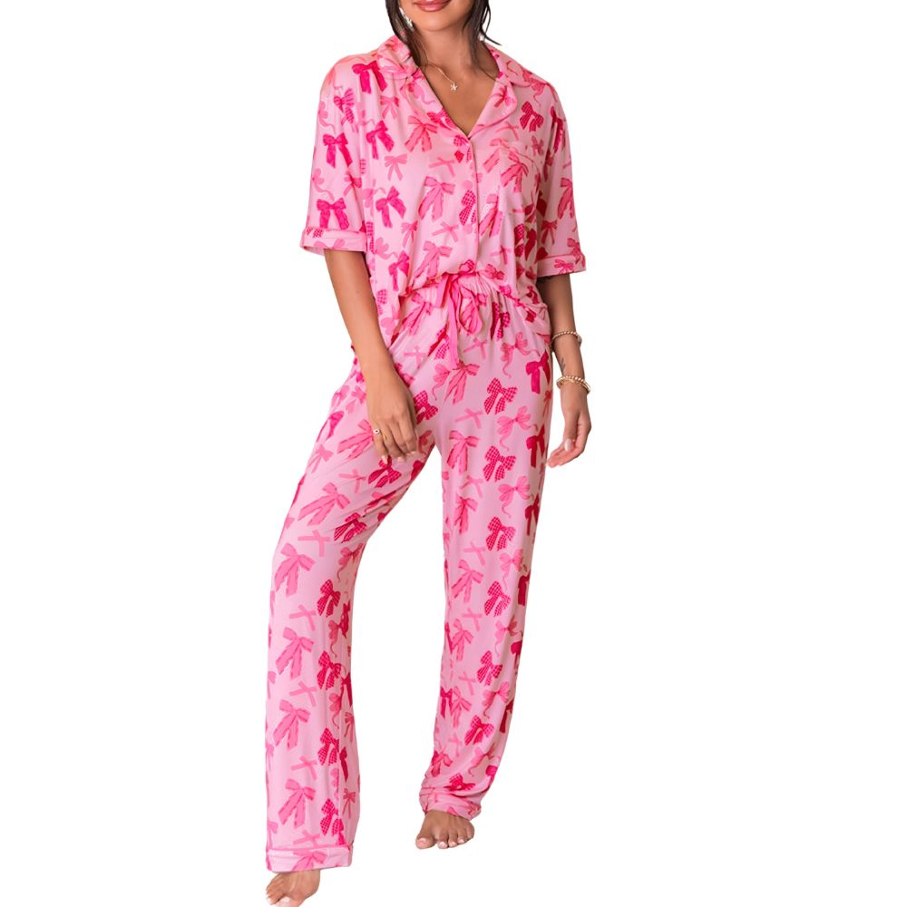 Sol Living Womens Bow Knot Print Lapel Collar Pajamas Set