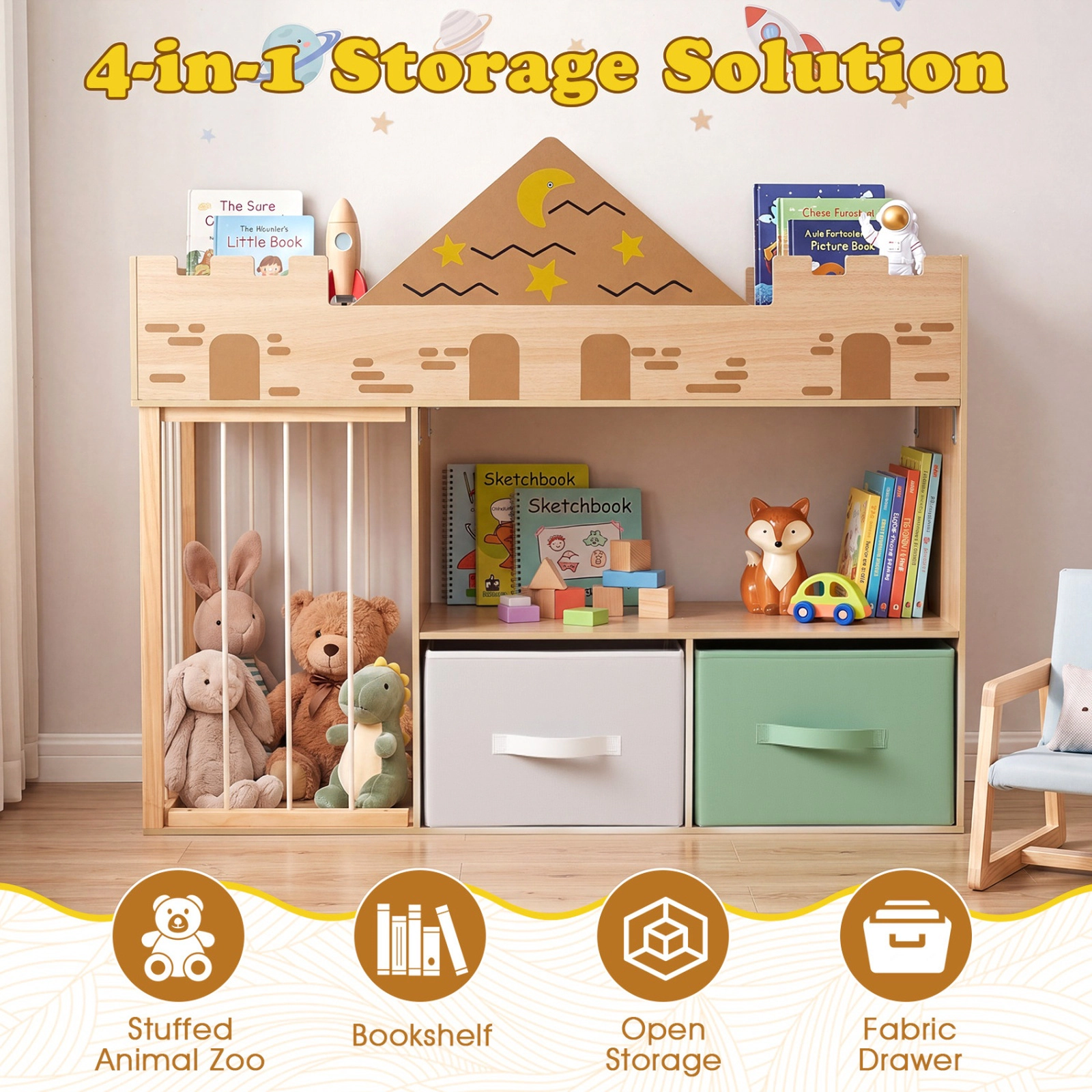 SUGIFT Castle Toy Storage Organizer with Stuffed Animal Storage 35-lb Shelf Capacity Ages 3+ Natural/White