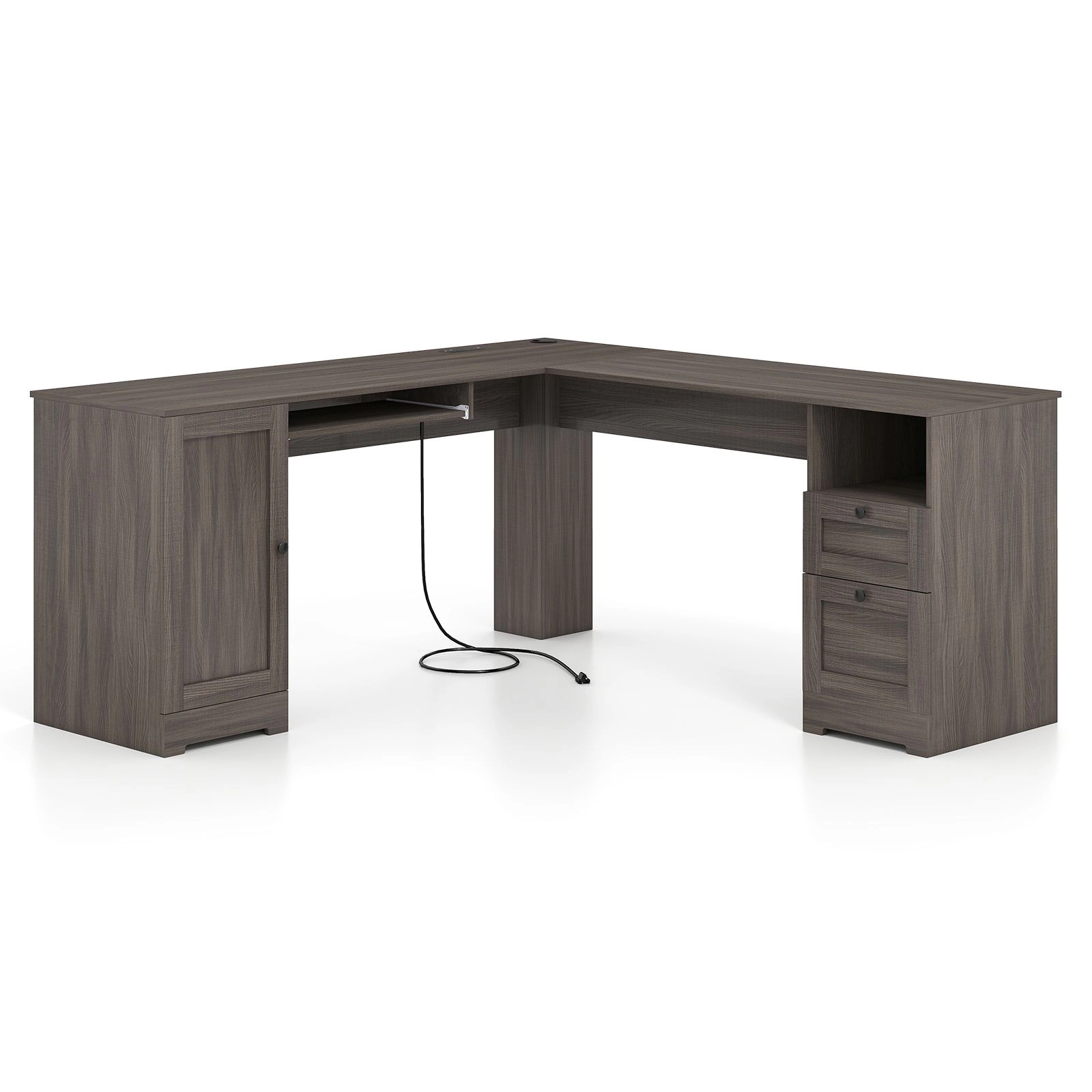 SlickBlue L-Shaped Computer Desk With Cabinet & Charging Station