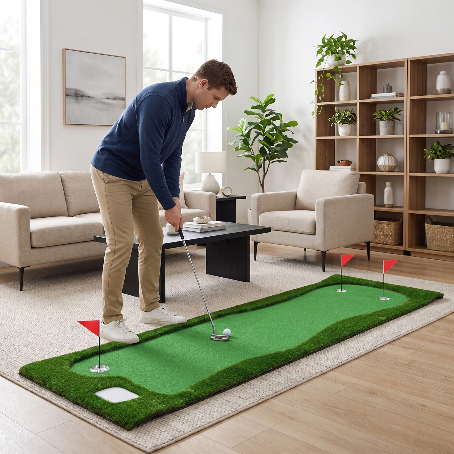 LJG 10 x 3.5ft Golf Putting Green with 3 Hole Cups and 3 Flags for Home Backyard Garage Office