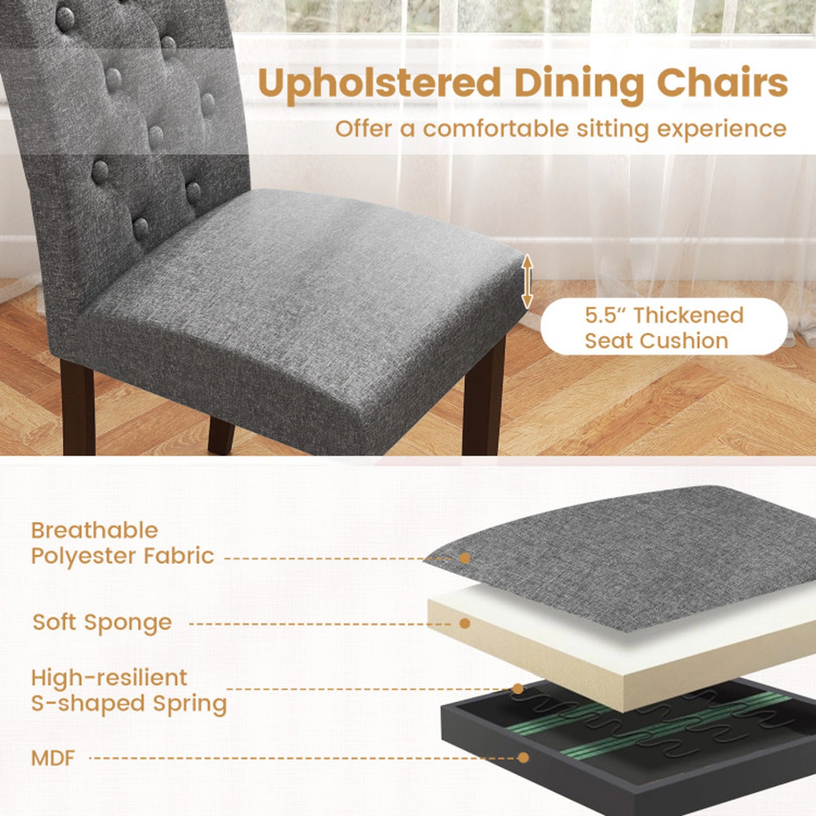 SUGIFT Button Tufted Fabric Upholstered Wooden Dining Chair Set of 2 with High Curved Back 330-Lb Capacity Gray