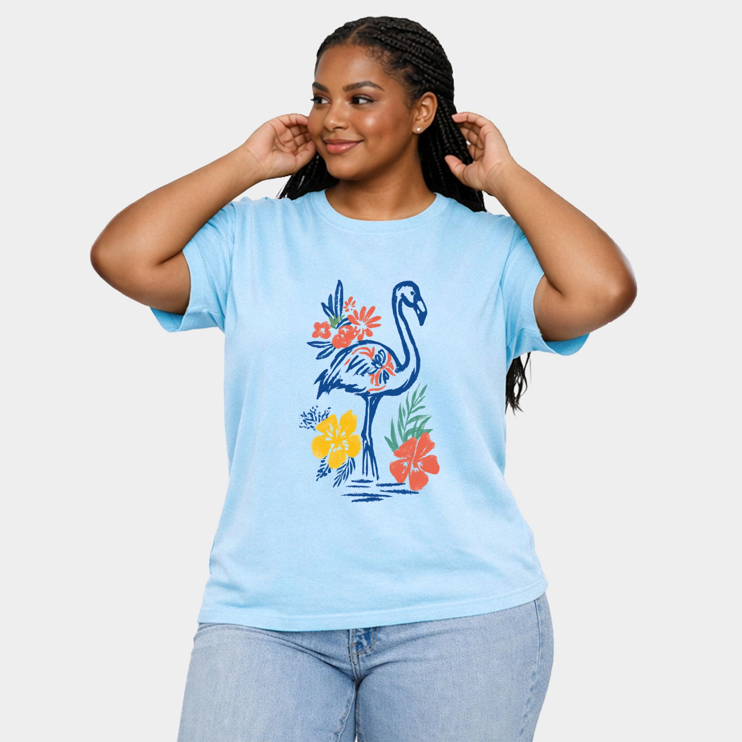 Simply Sage Market - Flamingo Flowers Outline Women's Plus Sized Garment Dyed Graphic T-Shirt
