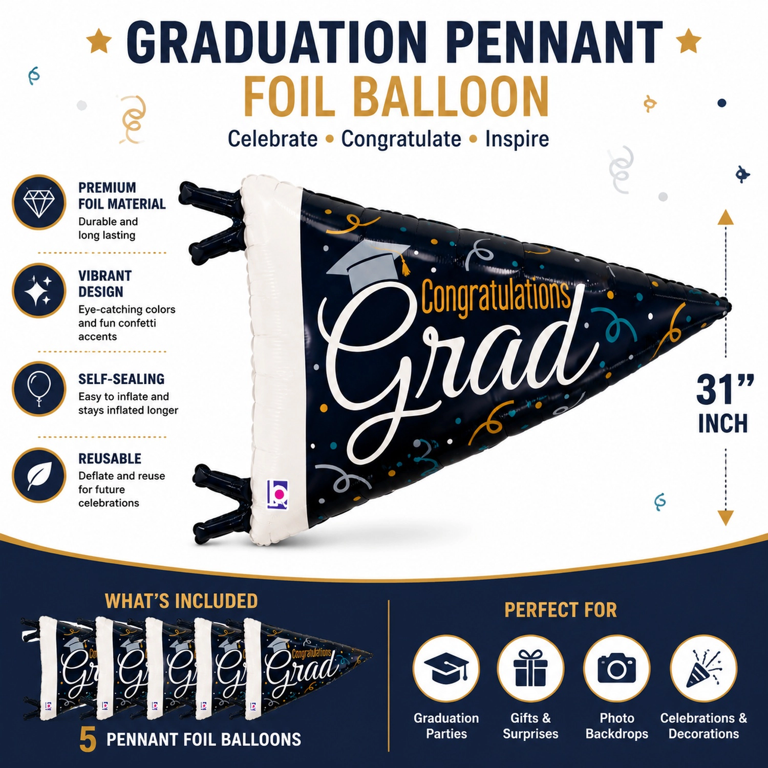 LoonBalloon 31 in Graduation Cap Foil Balloon 5-Count
