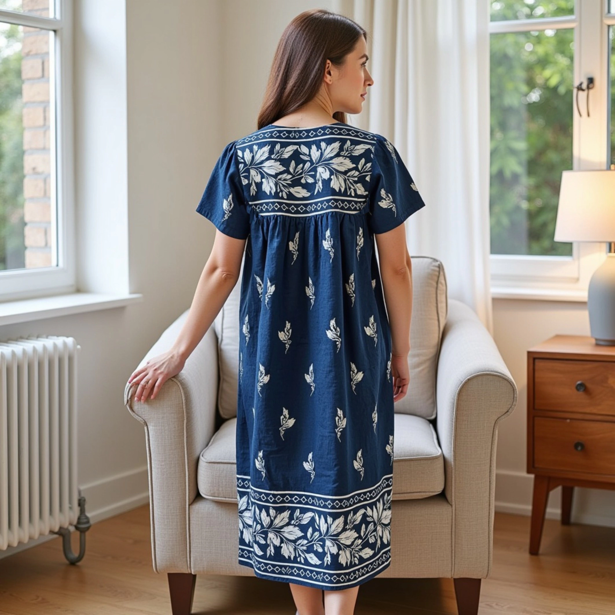 Loungees Border Print Cotton Lounge Dress House 3 Button Bib Yoke Short Sleeve