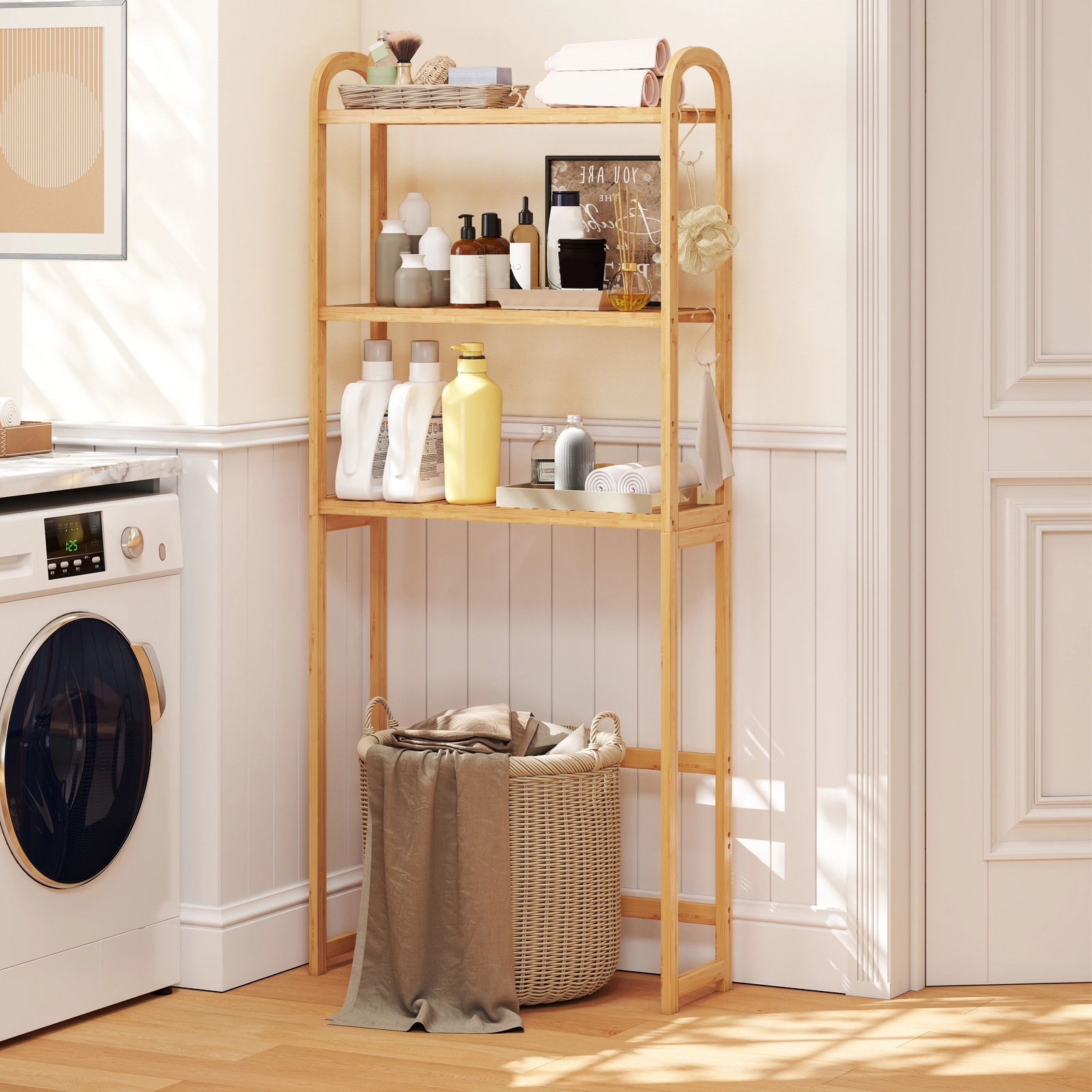 SlickBlue Over the Toilet Storage Rack 3 Tier Wicker Bathroom Shelf with Hooks 65.5 Inch