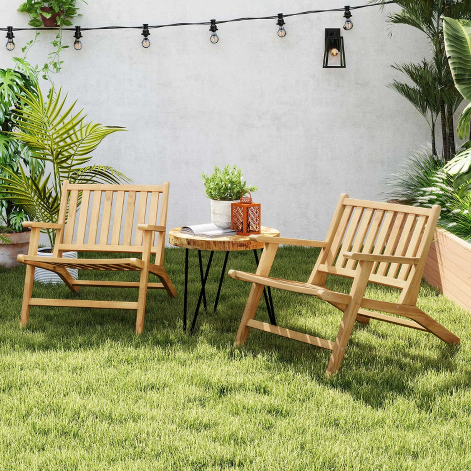 SUGIFT Natural Teak Wood Outdoor Reclining Chair, Angled Backrest, Wide Armrests, 352 lb Capacity