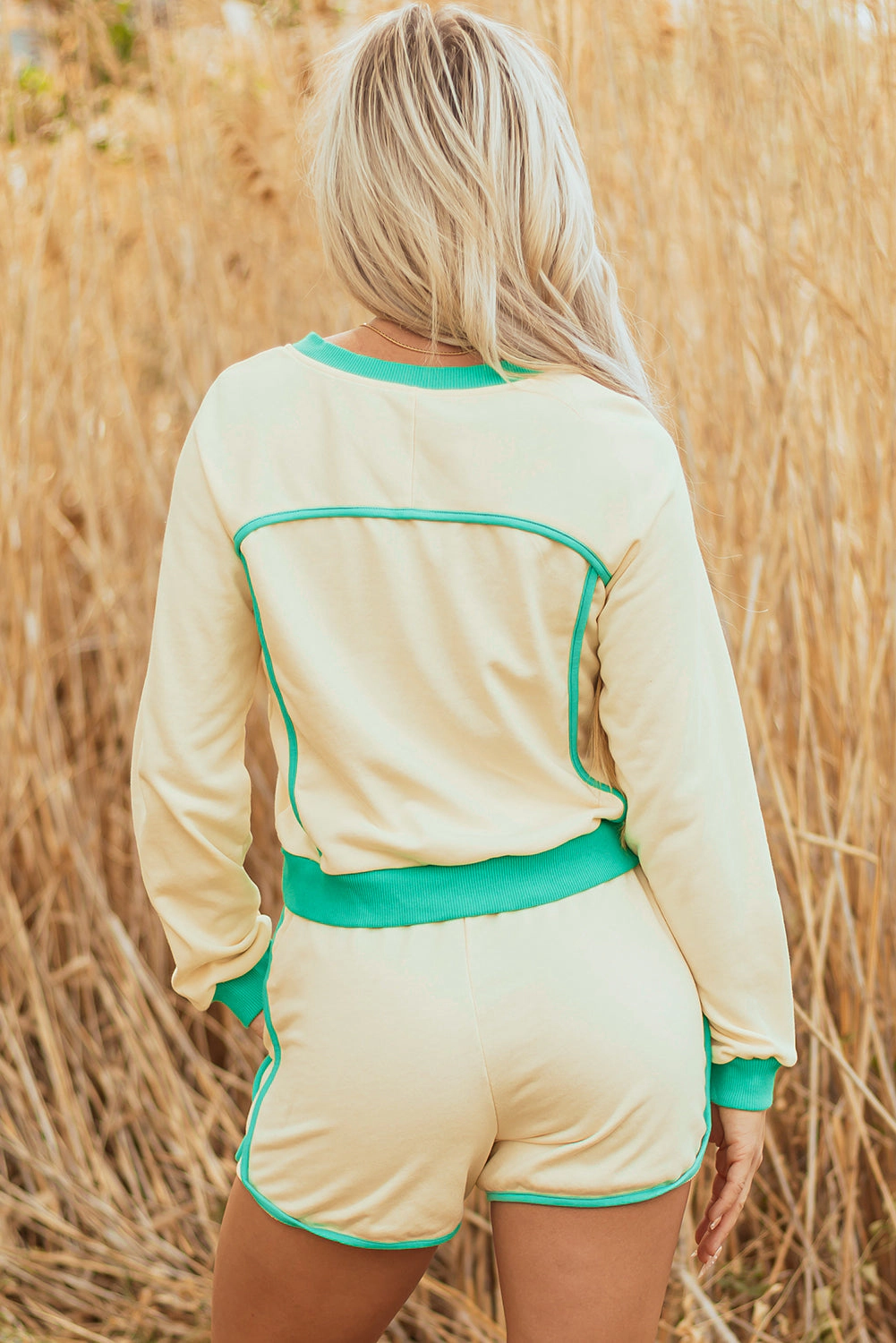 Threaded Pear Women's Wren Long Sleeve Pullover and Drawstring Shorts Outfit