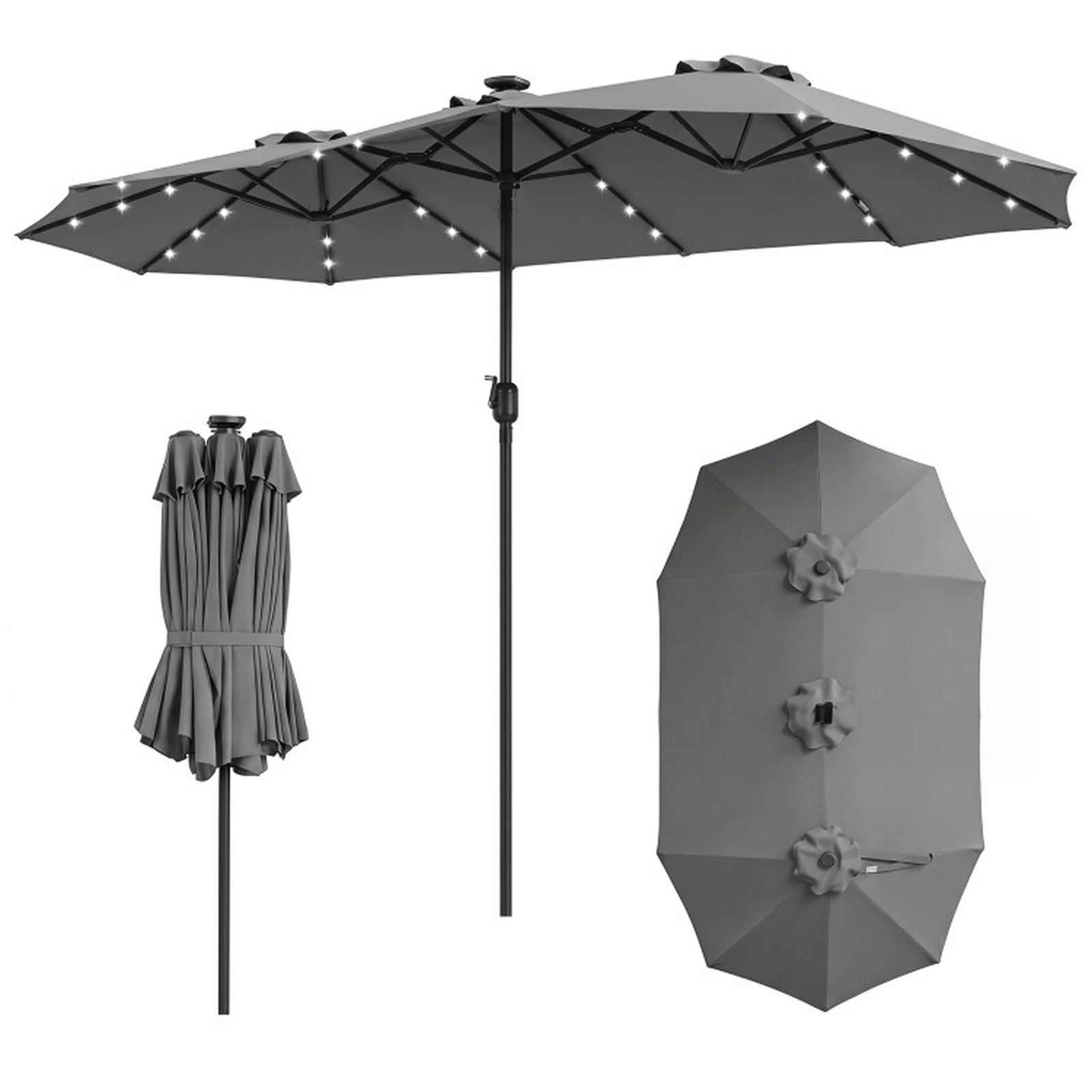 SUGIFT Solar LED Double-Sided Rectangle Patio Market Umbrella 13-ft Canopy Gray