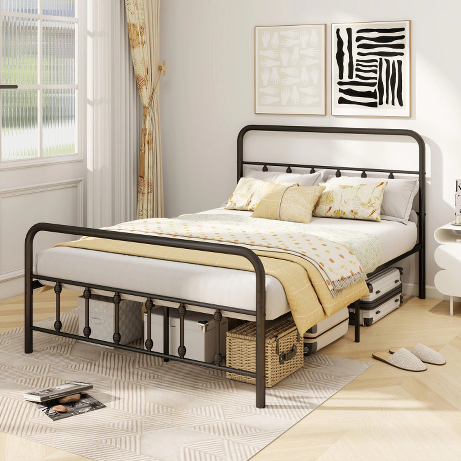 SUGIFT Victorian Style Bed Frame with Headboard and 12.5-in Under Bed Storage Full Size 1100-lb Capacity Black