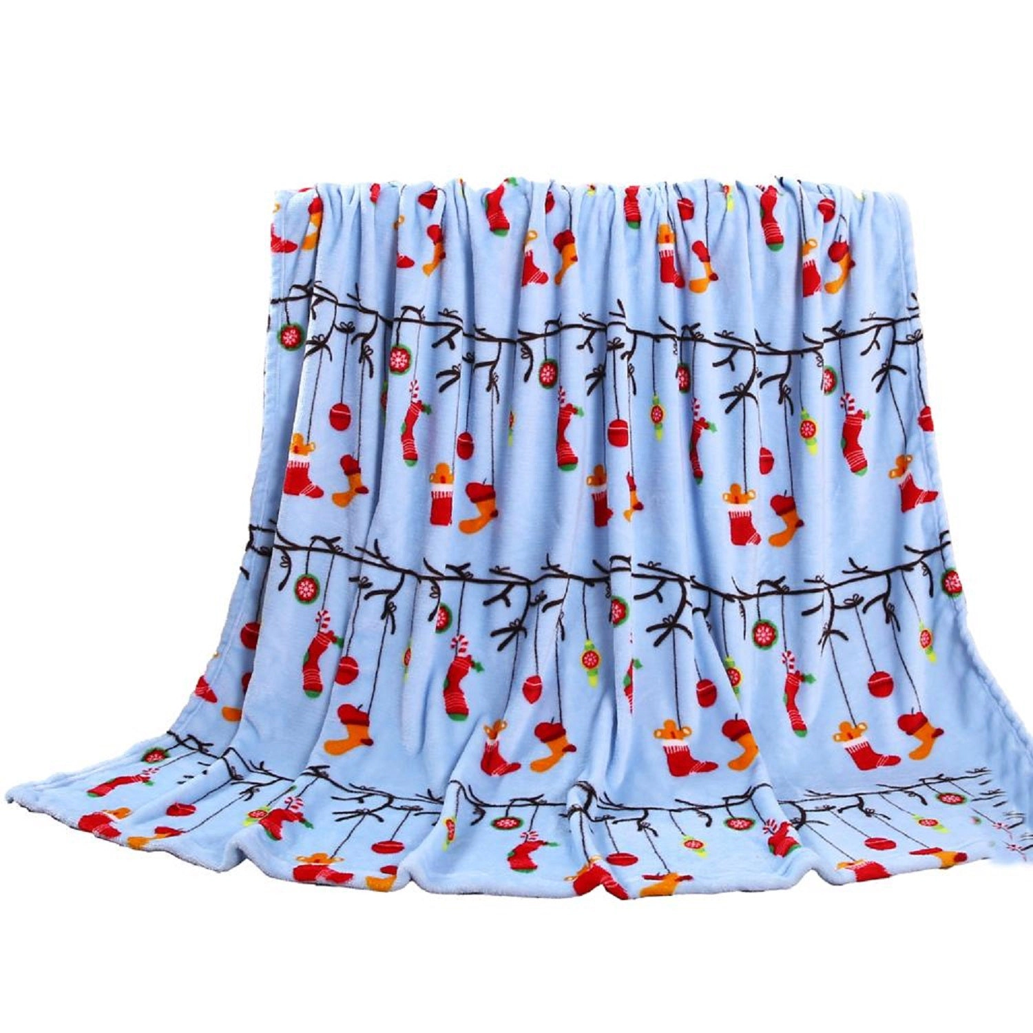 Plazatex Ornaments plush Decorative Christmas Machine Washable Throw 50" X 60" Lt. Blue