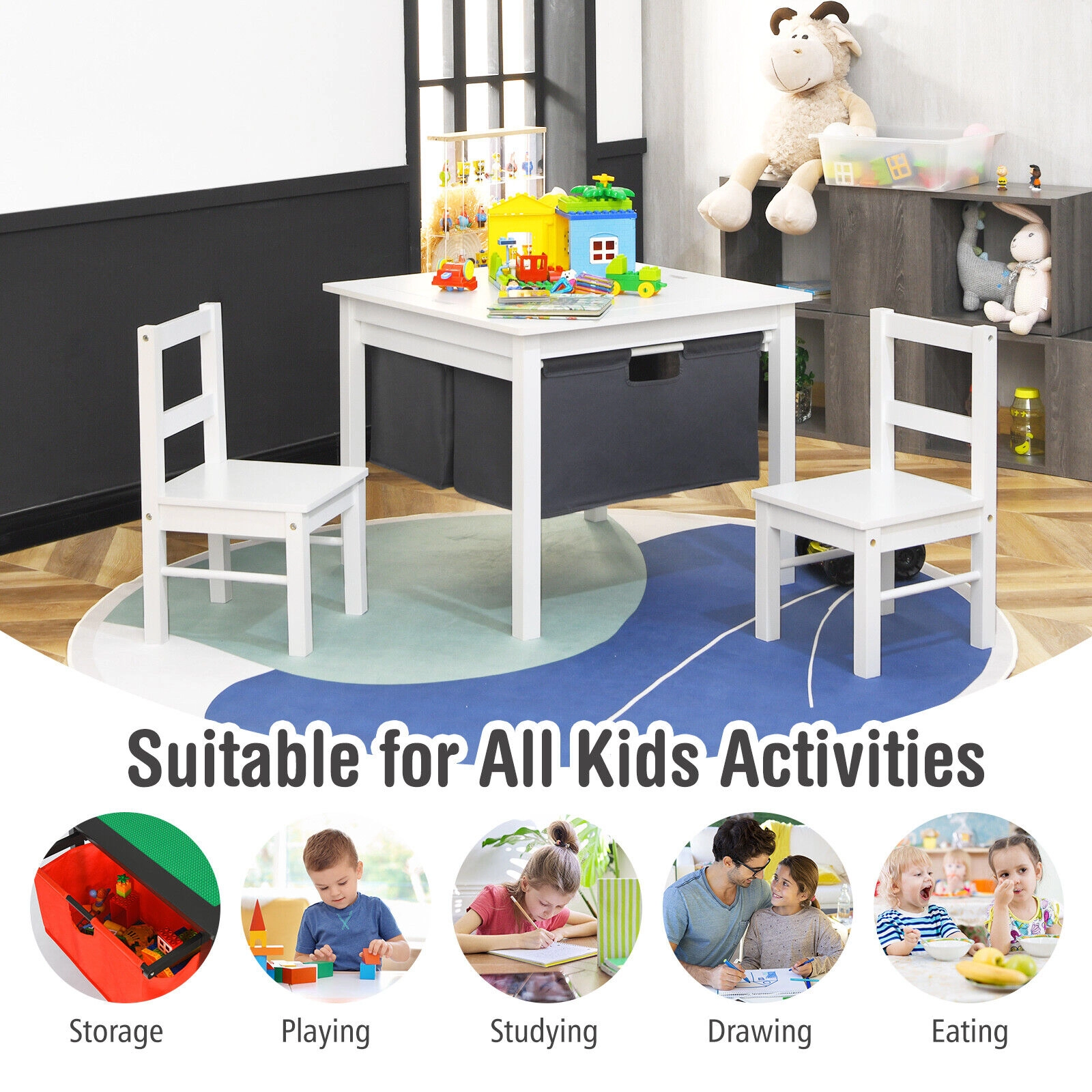 SUGIFT White 2 Fabric Drawers Kids 2-in-1 Double-Sided Activity Building Block Table