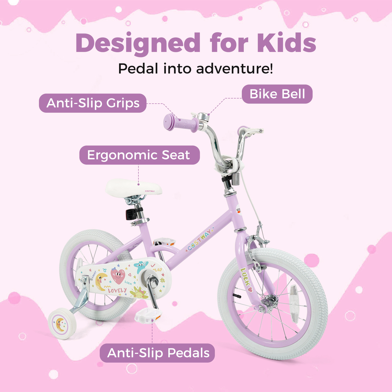 LJG Kids Bike Adjustable Children Purple - Stars & Moon