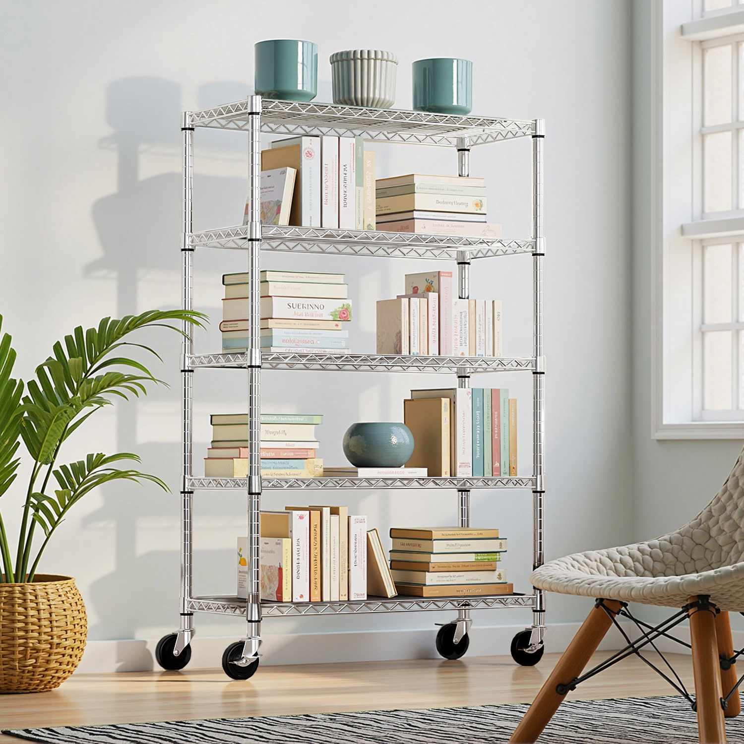 Flynama 5-Tier Chrome Mobile Shelving Unit, 47.2x17.7x76.7in, Adjustable Steel Rack with Wheels for Home and Garage