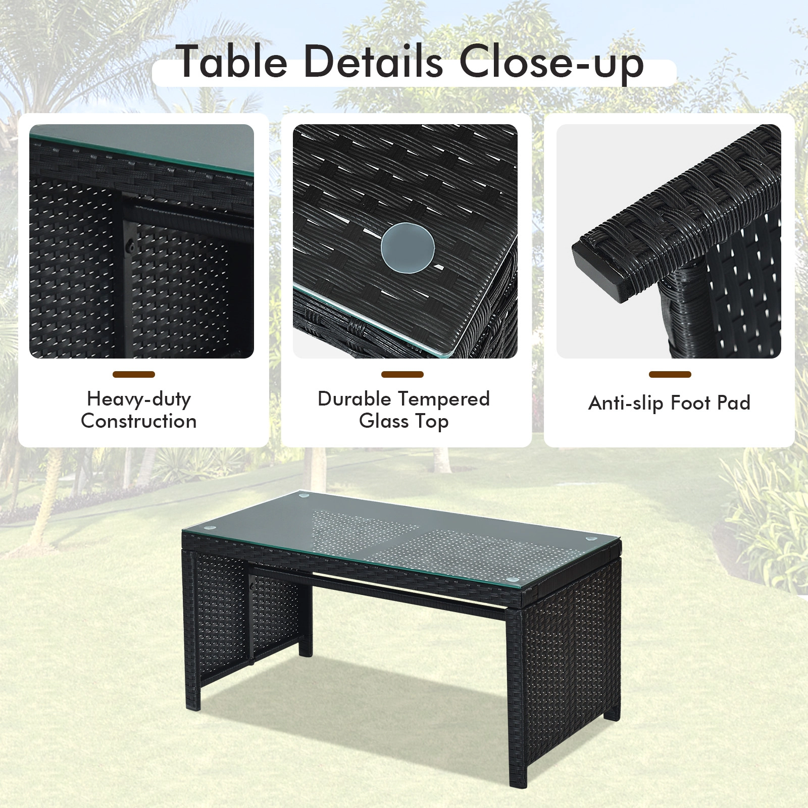 SUGIFT 4-Piece Black Patio Conversation Set with 43.5-Inch Loveseat, 2 Armchairs and Glass Table