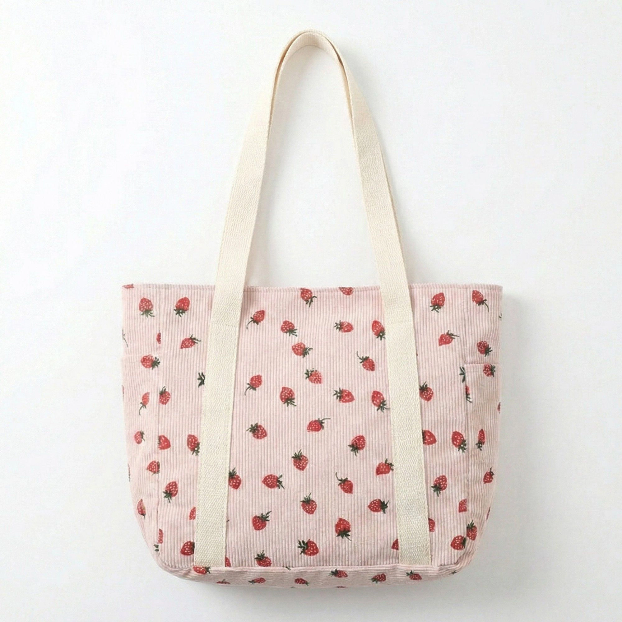 Alilang Women's Strawberry Print Corduroy Tote Bag with Double Shoulder Straps and Front Snap Pocket 11.8x7.8x3.7in