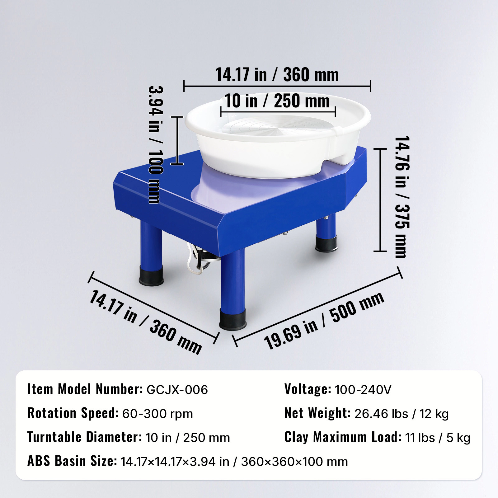 HONGGE Pottery Wheel 10 in Ceramic Forming Machine, Adjustable Speed 60-300 RPM, Foot Pedal, Detachable Basin, LCD Panel