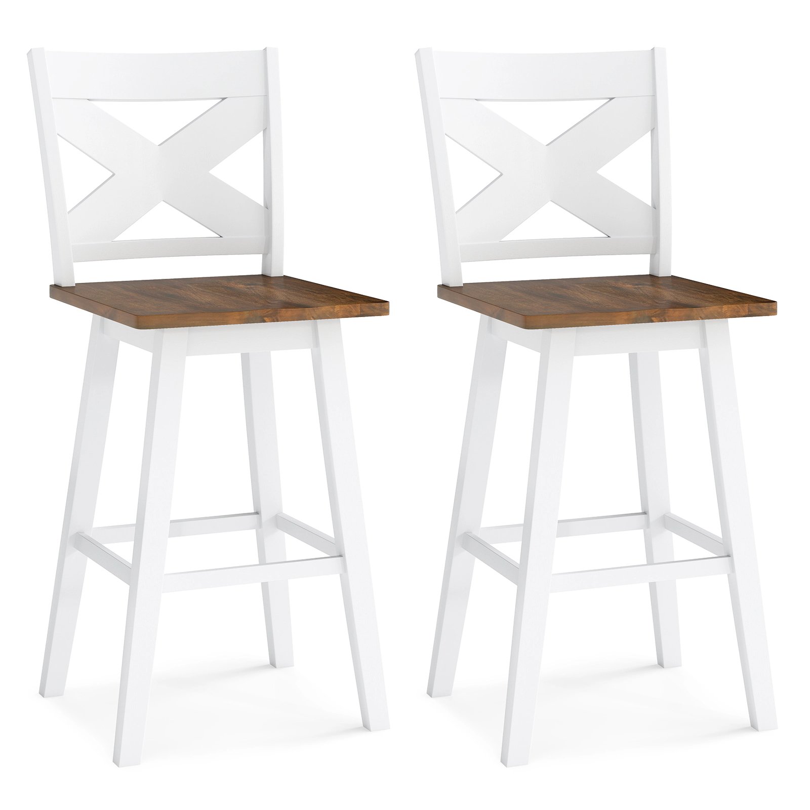 SUGIFT Rubberwood Swivel Bar Stools with Backrest & Large Seat 350-lb Capacity 29-in Seat Height White + Walnut Set of 2