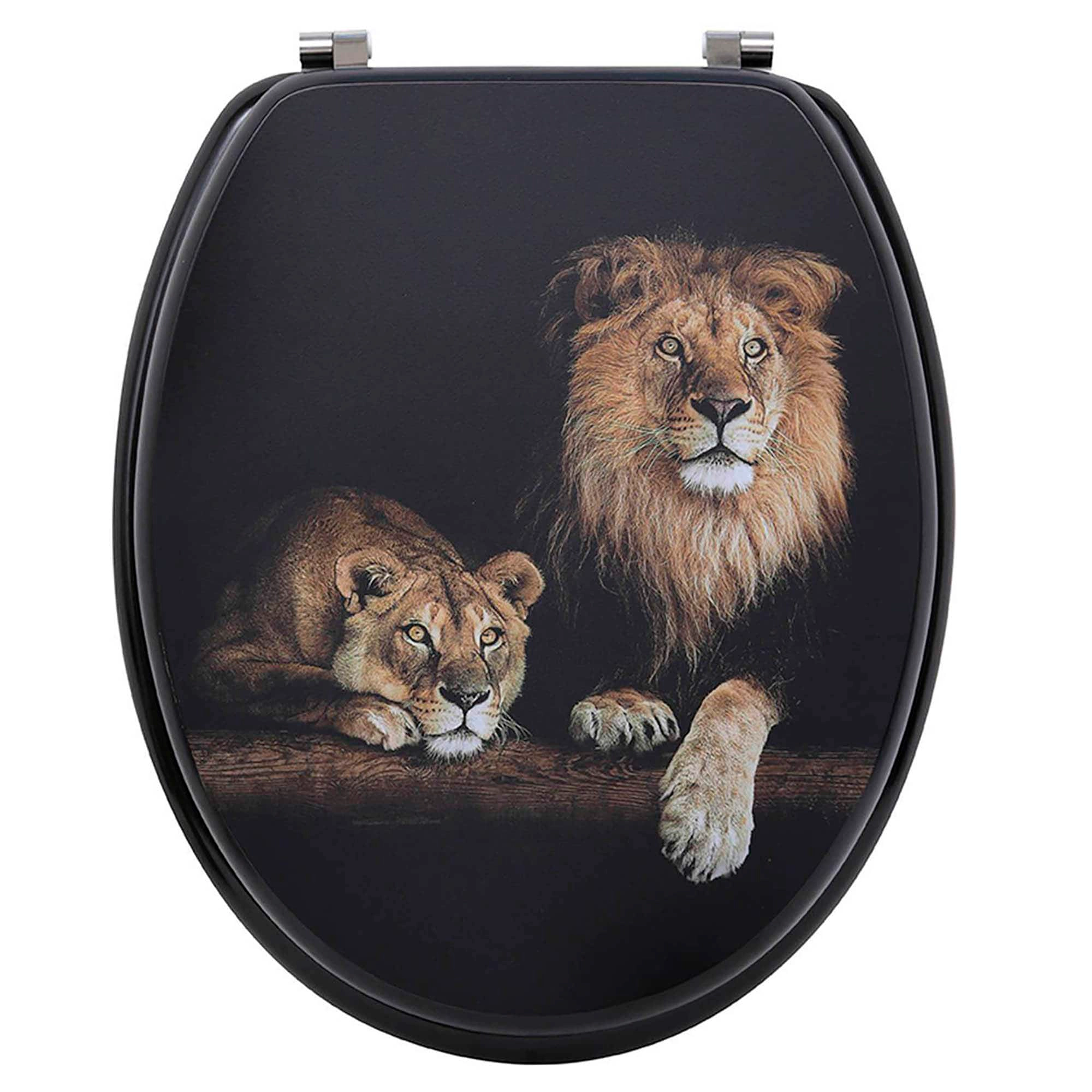 Evideco French Home Goods Elongated Lion and Lioness Printed Molded Wood Toilet Seat