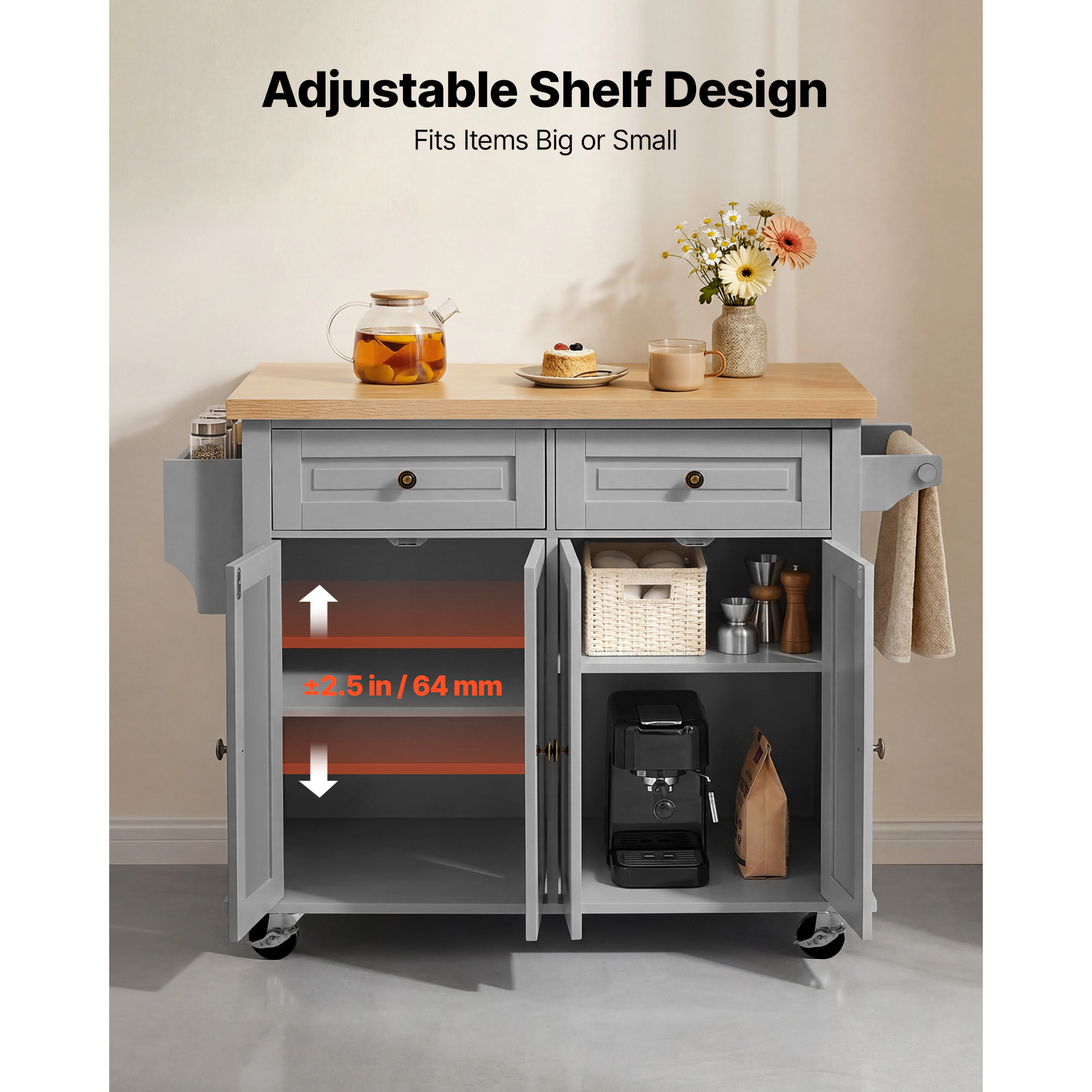 HONGGE Kitchen Island Cart with Storage 43.7 Wide Mobile Rolling on Swivel Wheels 2 Drawers