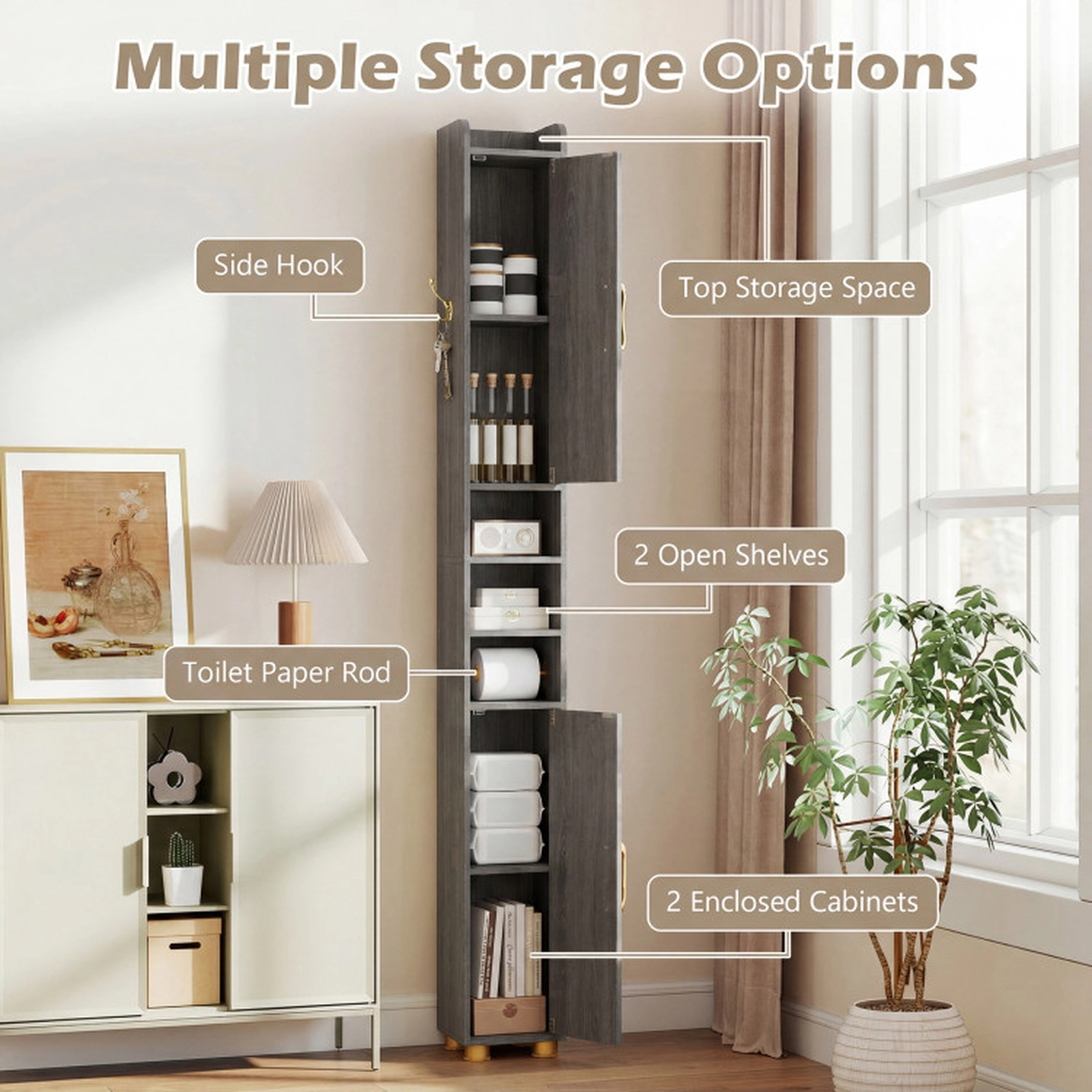 SUGIFT Narrow Bathroom Storage Cabinet with Open Shelves and Toilet Paper Holder 11-lb Shelves 4.5-lb Hook Gray