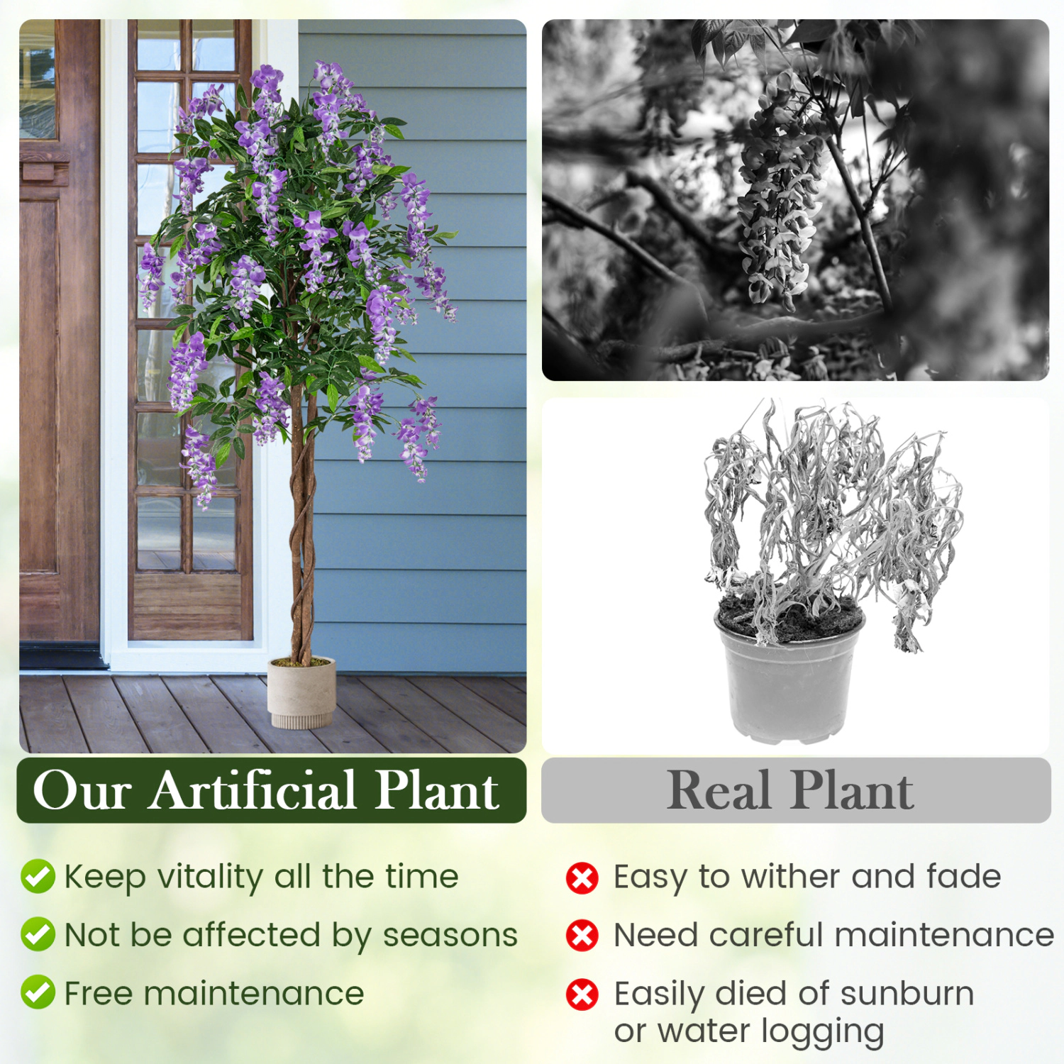 Slickblue Artificial Wisteria Tree 65in Set of 2 Purple Hanging Flowers in Planter Floor Decor