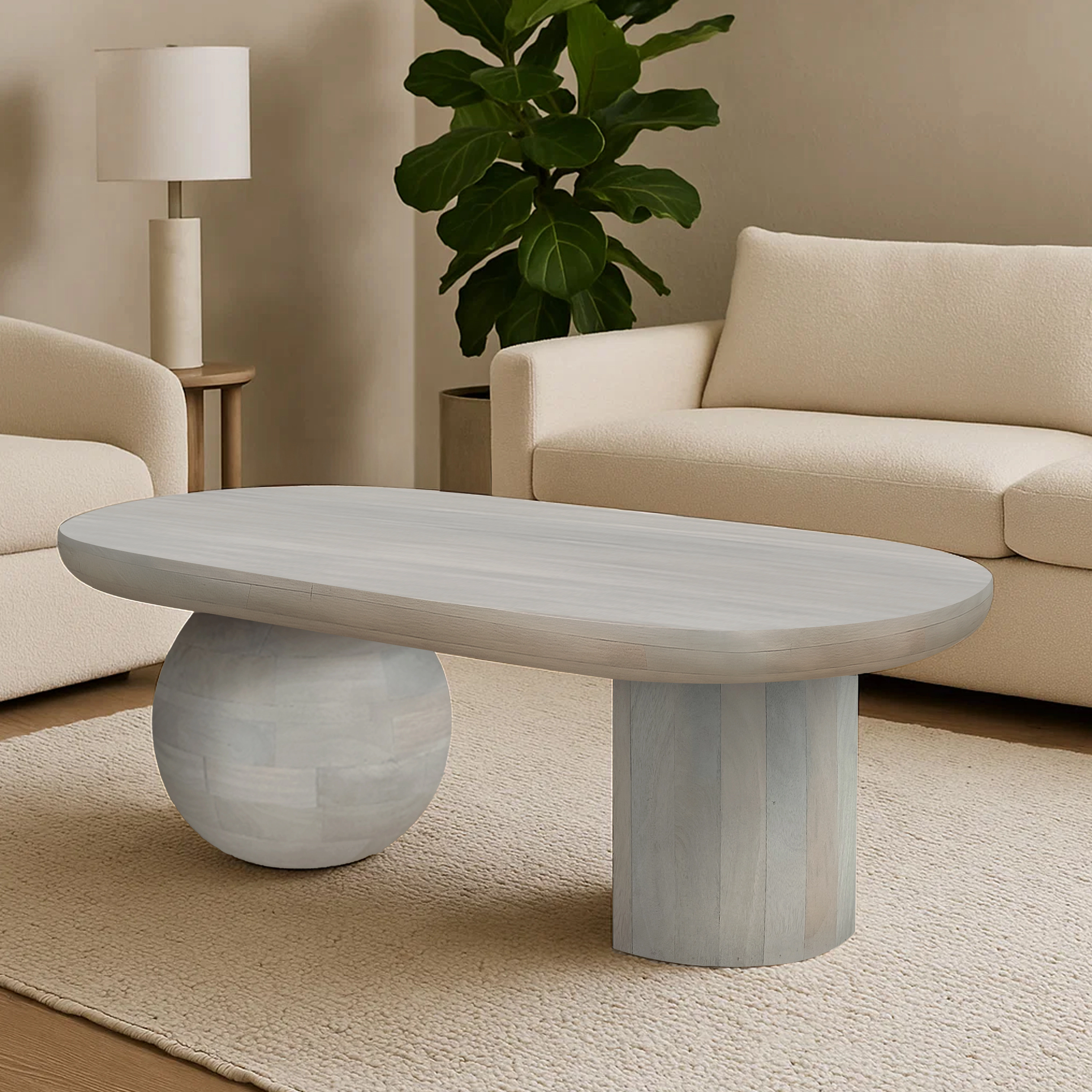The Urban Port 38 Inch Coffee Table, Oblong Mango Wood Top with a Modern Ball Leg, Washed White
