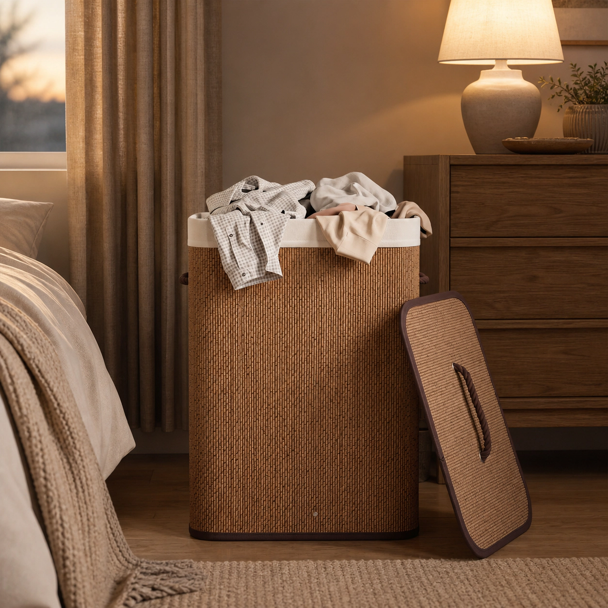 SUGIFT Brown 19-gal Bamboo Clothes Hamper with One-Hand Lid Handle Removable Liner and Side Handles