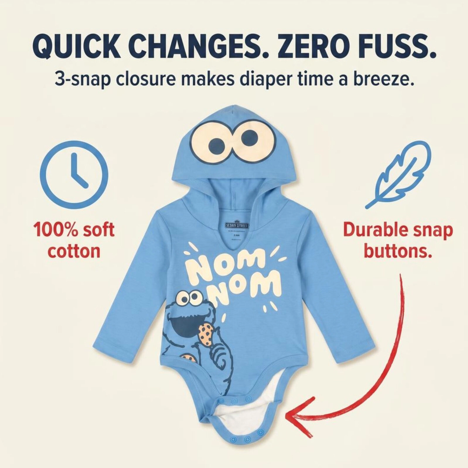 Sesame Street Baby Boys' Cosplay 3-Pack Hooded Bodysuits