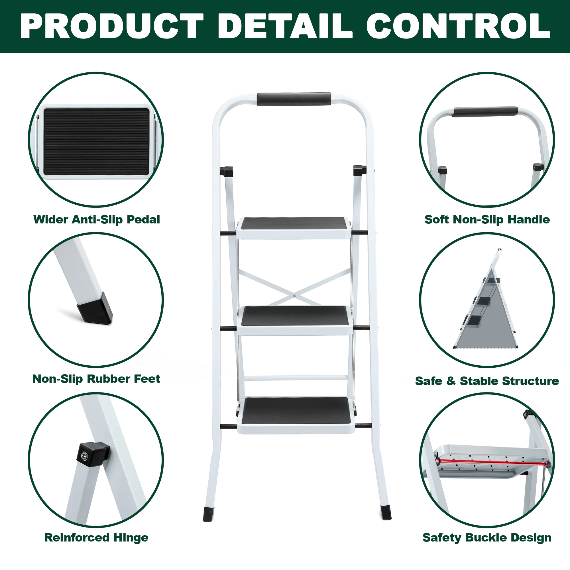 Flynama 3 Step Ladder- 330lb Capacity Steel Foldable Step Stool (White)