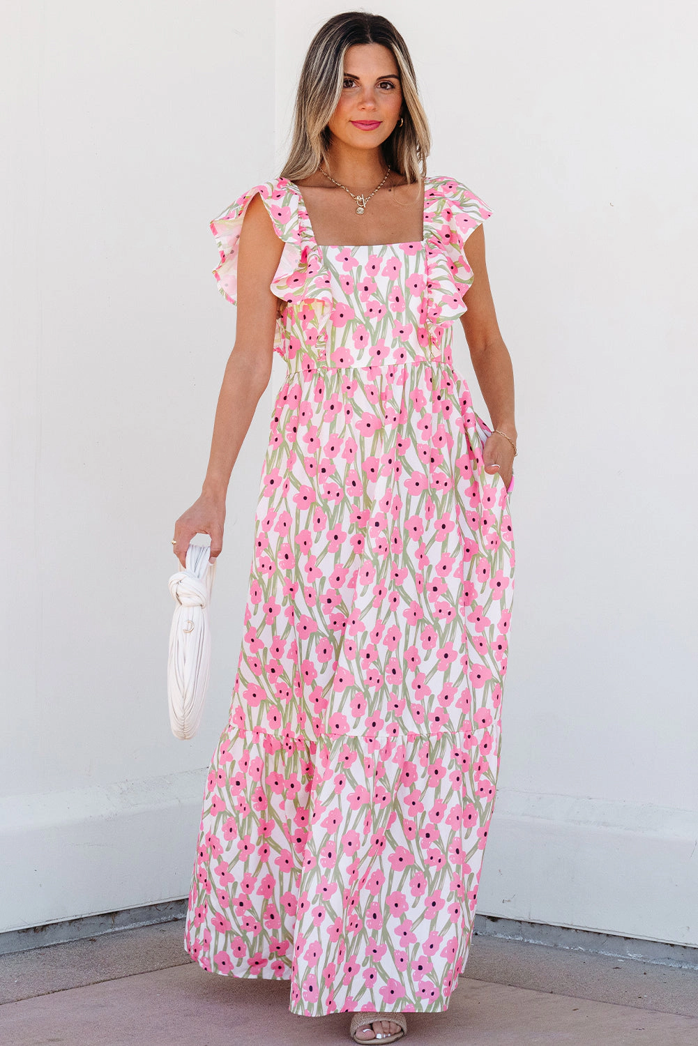 Threaded Pear Women's Angelica Floral Ruffled Strap Maxi Dress