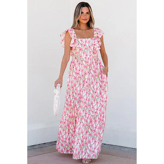 Threaded Pear Women's Angelica Floral Ruffled Strap Maxi Dress