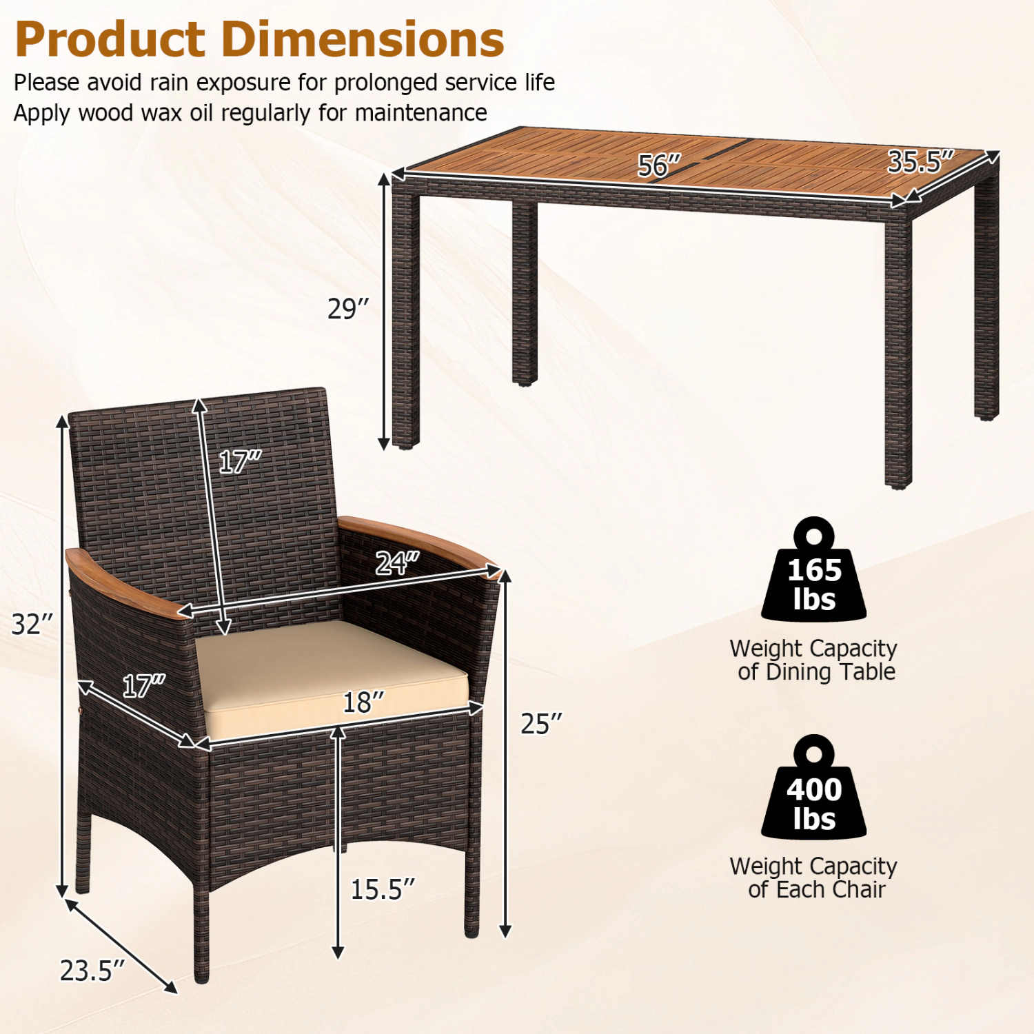Hivvago 7-Piece Patio Dining Set With Wood Tabletop And Padded Cushion For Backyard
