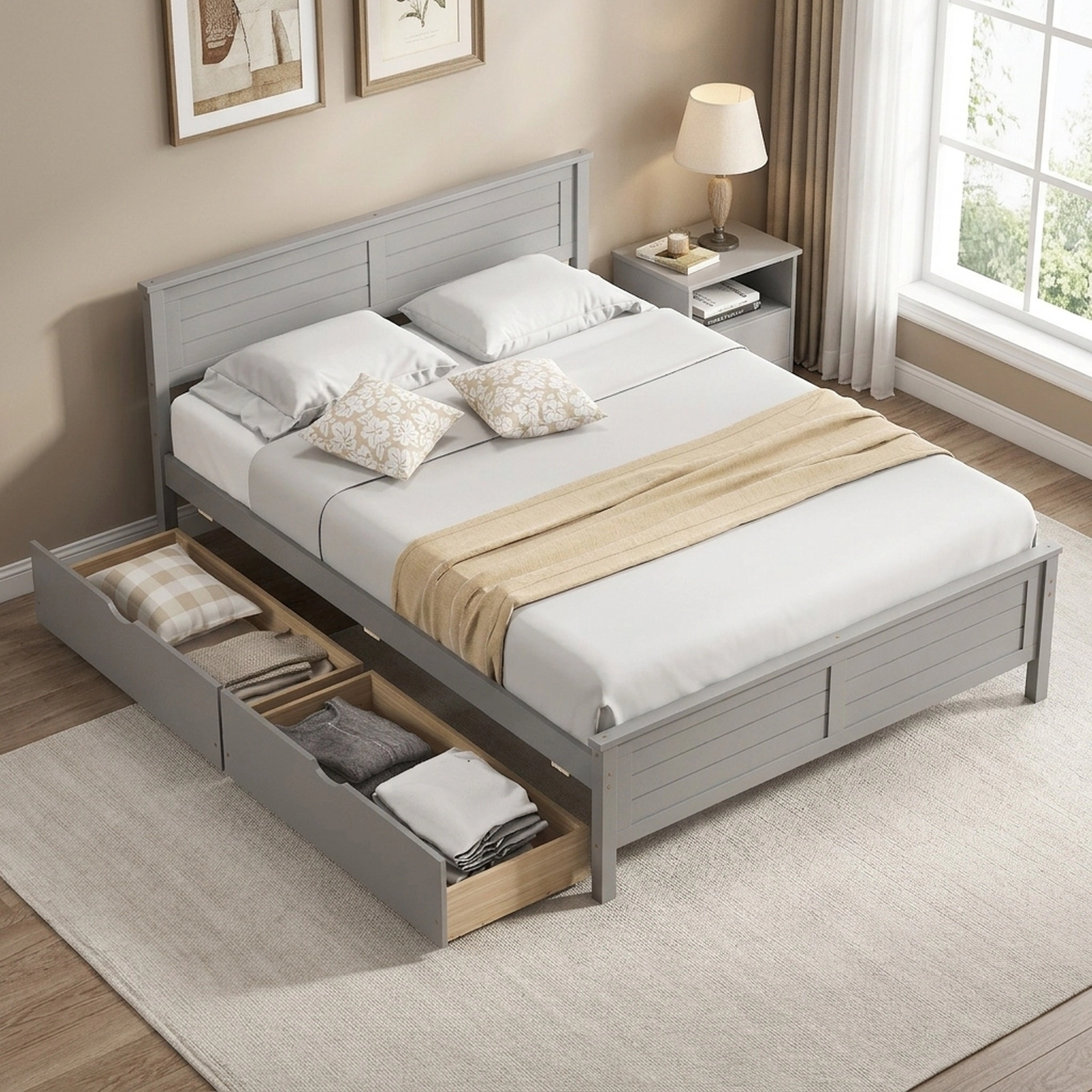 Full Size Bed Frame with 2 Storage Drawers and Solid Wood Headboard Gray Platform Bed with Wooden Slats