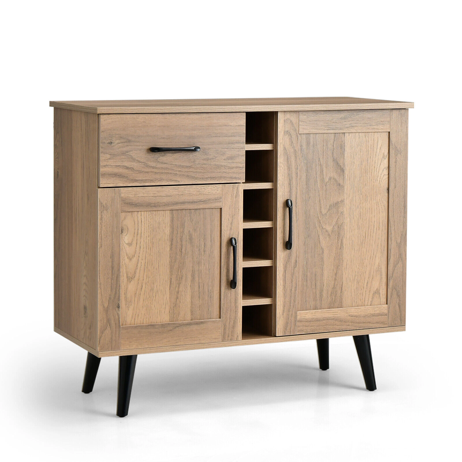 SUGIFT 2-Door Buffet Sideboard with Drawer and 6-Bottle Wine Rack 125-lb Tabletop Capacity White/Black/Natural