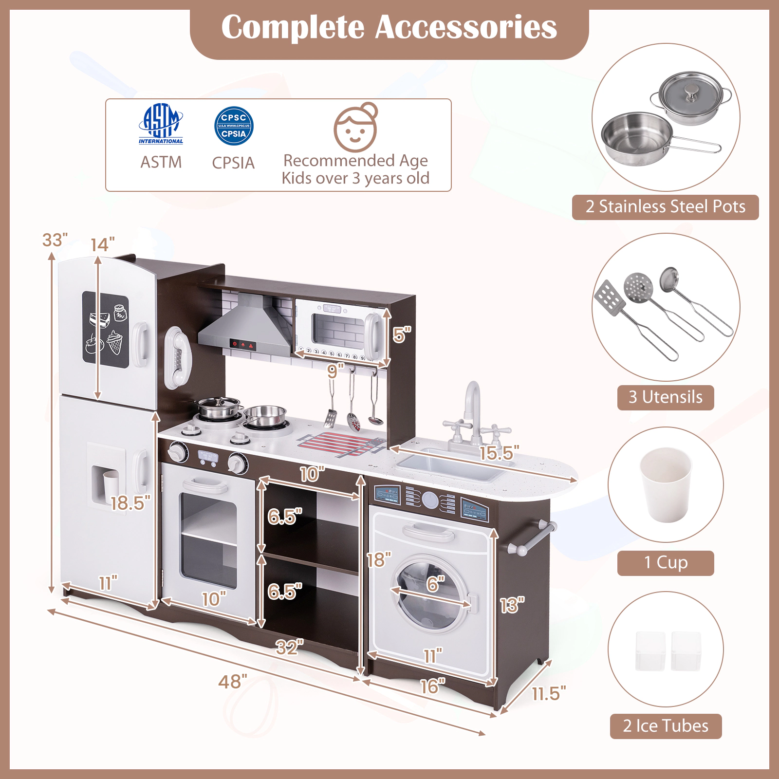 SUGIFT Dark Brown Interactive Lights Sounds and Ice Maker Corner Kids Toy Kitchen Set