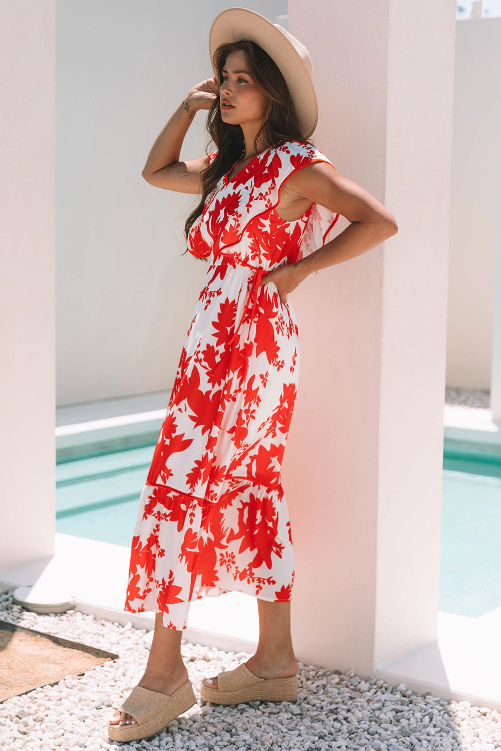 Threaded Pear Women's Scarlett Floral Trimmed V Neck Ruffle Sleeve Long Dress