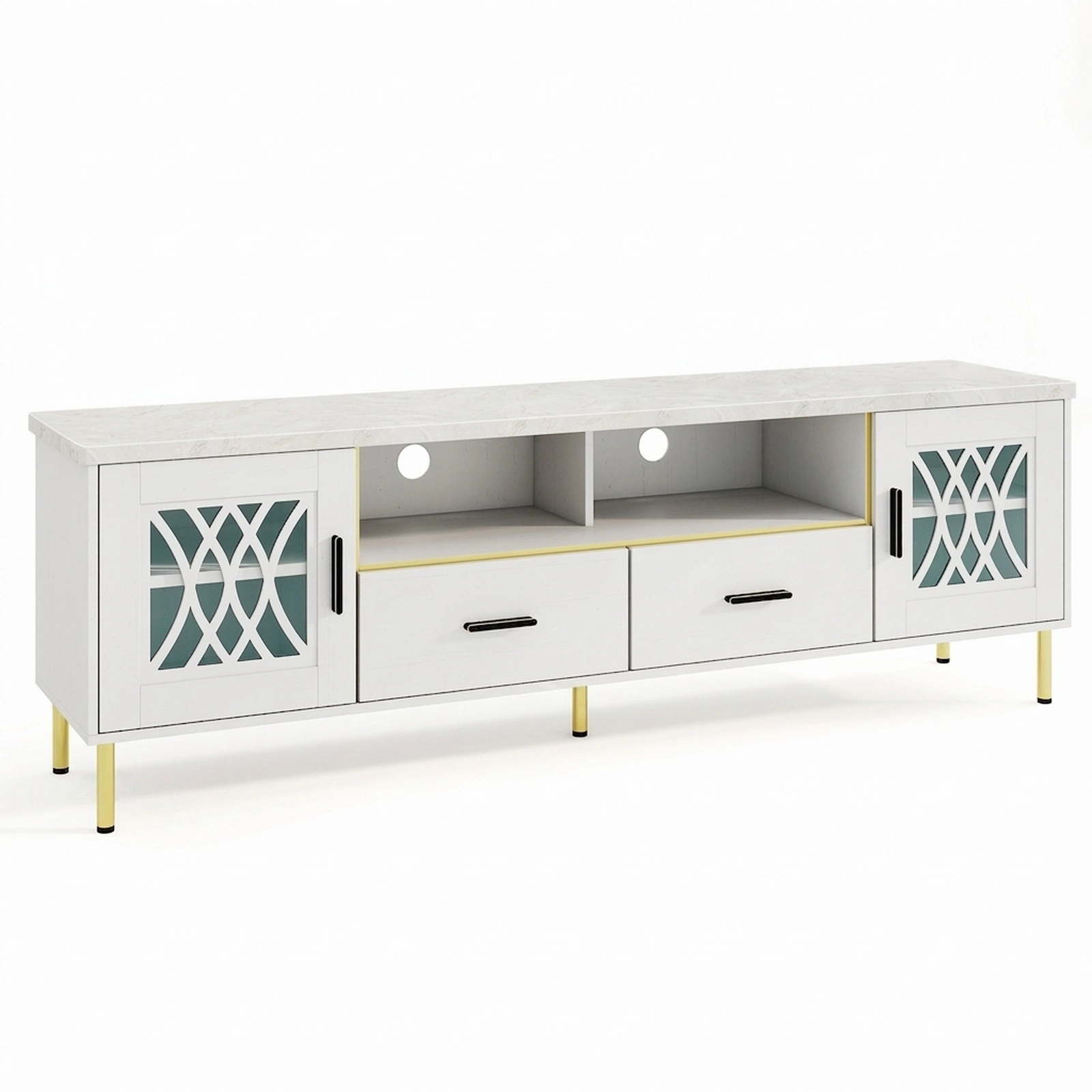 SUGIFT 71 in TV Stand White and Gold with Faux Marble Top and Patterned Glass Doors