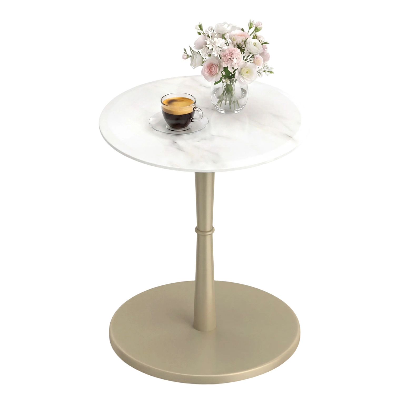 LJG Round Marble Side Table with Stone Finish and Wooden Base for Small Spaces