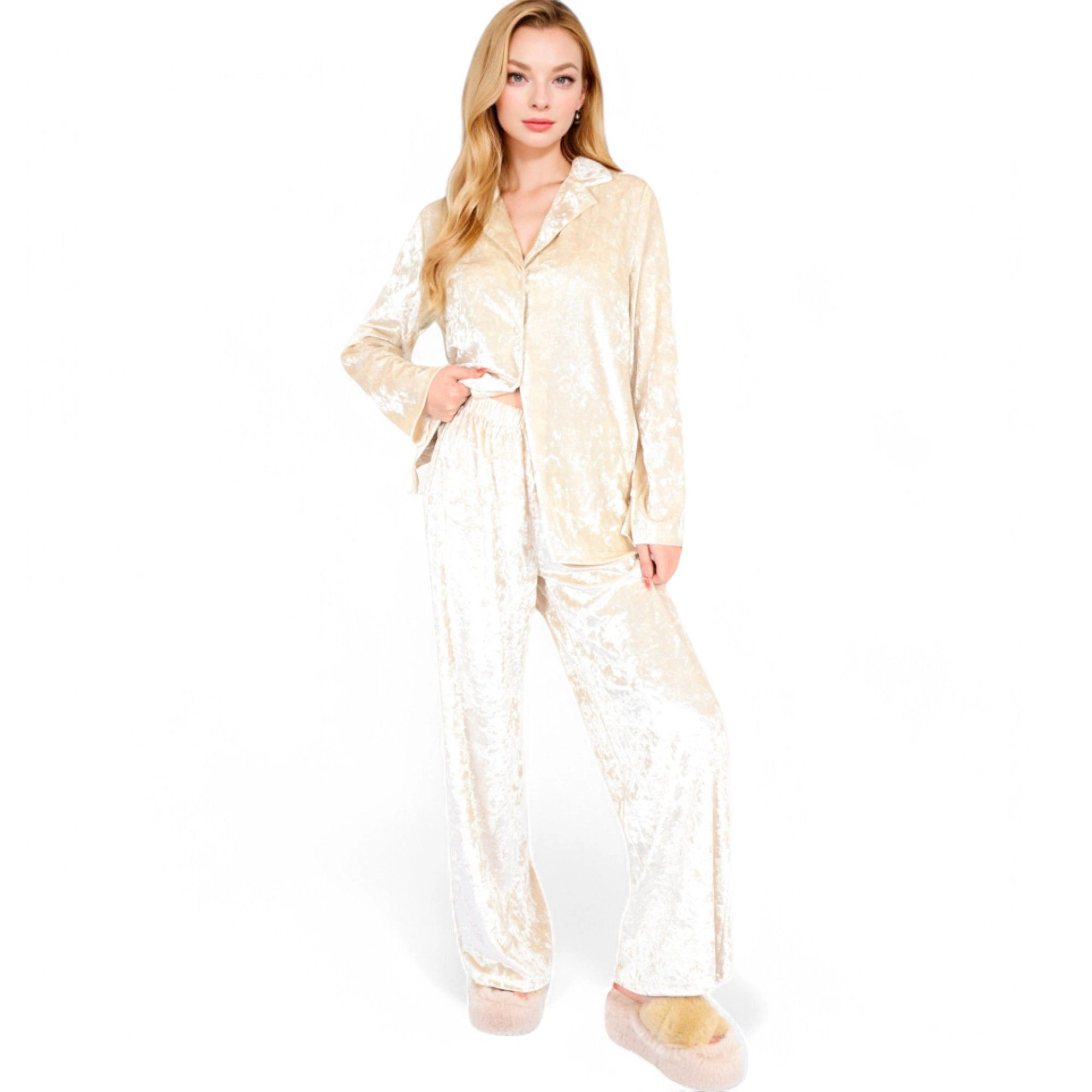 Anna-Kaci Women's Crushed Velvet Lounge Set with Button Up Long Sleeve Top and Wide Leg Pants