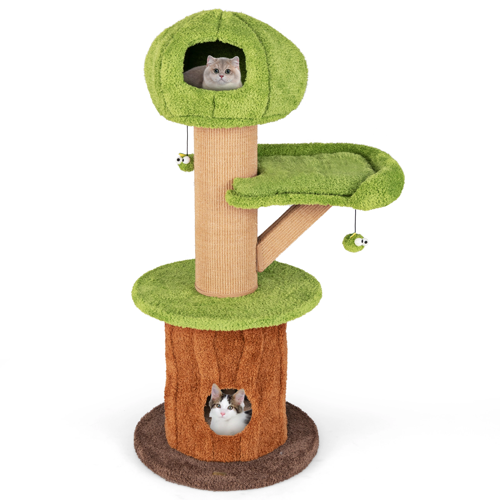 SUGIFT Mushroom Cat Tree with 2 Condos Plush Perch Thick Scratching Posts 33-lb Capacity 24 x 58 in Green Brown Natural