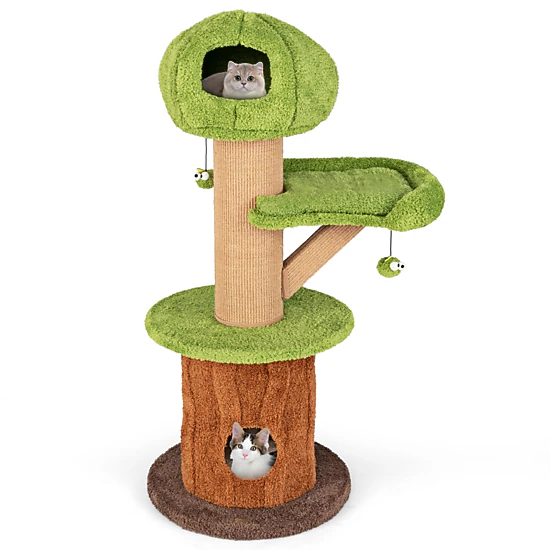 SUGIFT Mushroom Cat Tree with 2 Condos Plush Perch Thick Scratching Posts 33-lb Capacity 24 x 58 in Green Brown Natural